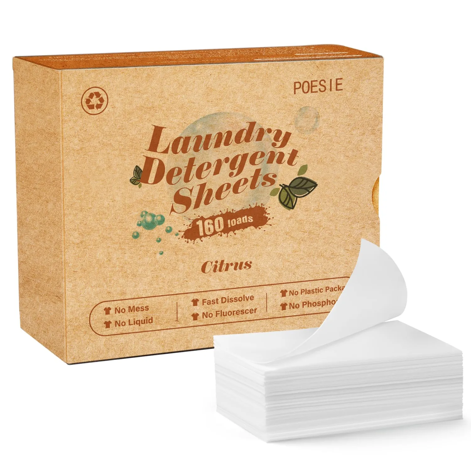 Poesie Laundry Detergent Sheets Citrus Scent 160 Sheets 80 Large Loads Laundry Strips No Plastic Jug Liquidless Travel Portable HE for Camping Dorm Life Clean and Free