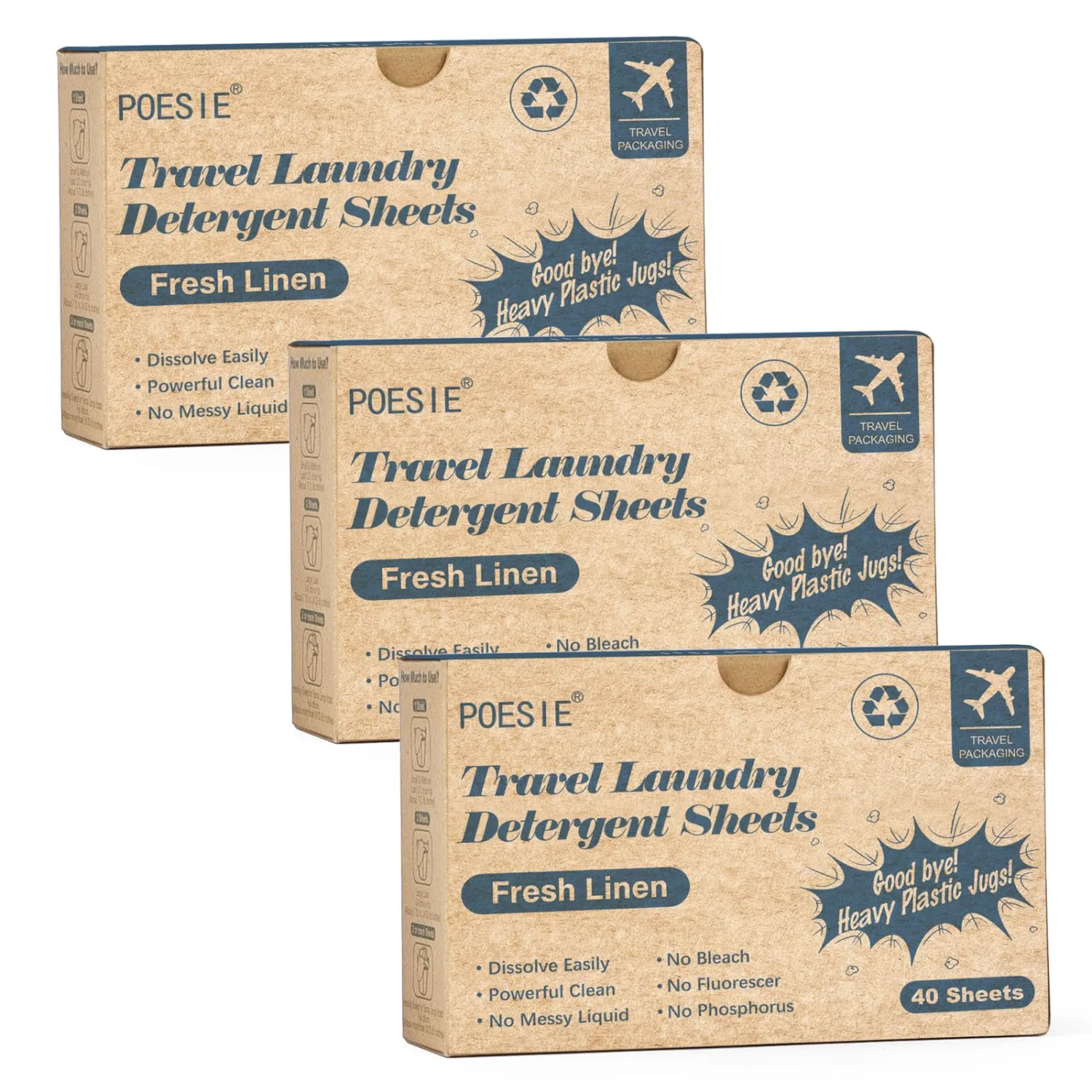 Poesie Travel Laundry Detergent Sheets 120 Liquidless Clothes Washing Strips Fresh Linen Scent (3 Pack 40 Sheets)