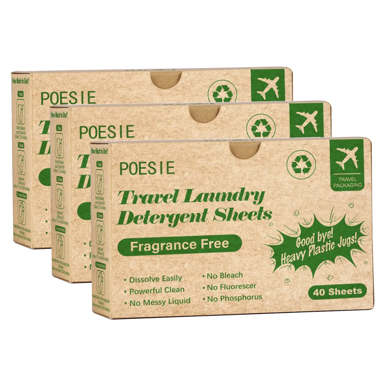 Poesie Laundry Detergent Sheets for Travel - Portable, Liquidless, Biodegradable Cloth Washing Strips - Fragrance Free, 3 Box Pack of 120 Sheets