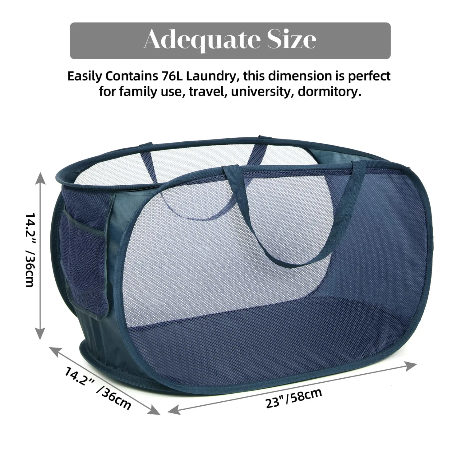 Durable Collapsible Laundry Baskets, Mesh Pop Up Laundry Hamper with Side Pocket, Foldable Clothes Storage Hamper with Reinforced Carry Handles for Laundry, Bathroom, Kids Room, Dorm or Travel Navy
