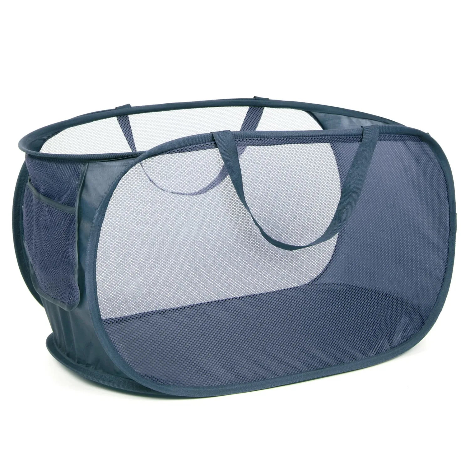 Durable Collapsible Laundry Baskets, Mesh Pop Up Laundry Hamper with Side Pocket, Foldable Clothes Storage Hamper with Reinforced Carry Handles for Laundry, Bathroom, Kids Room, Dorm or Travel Navy