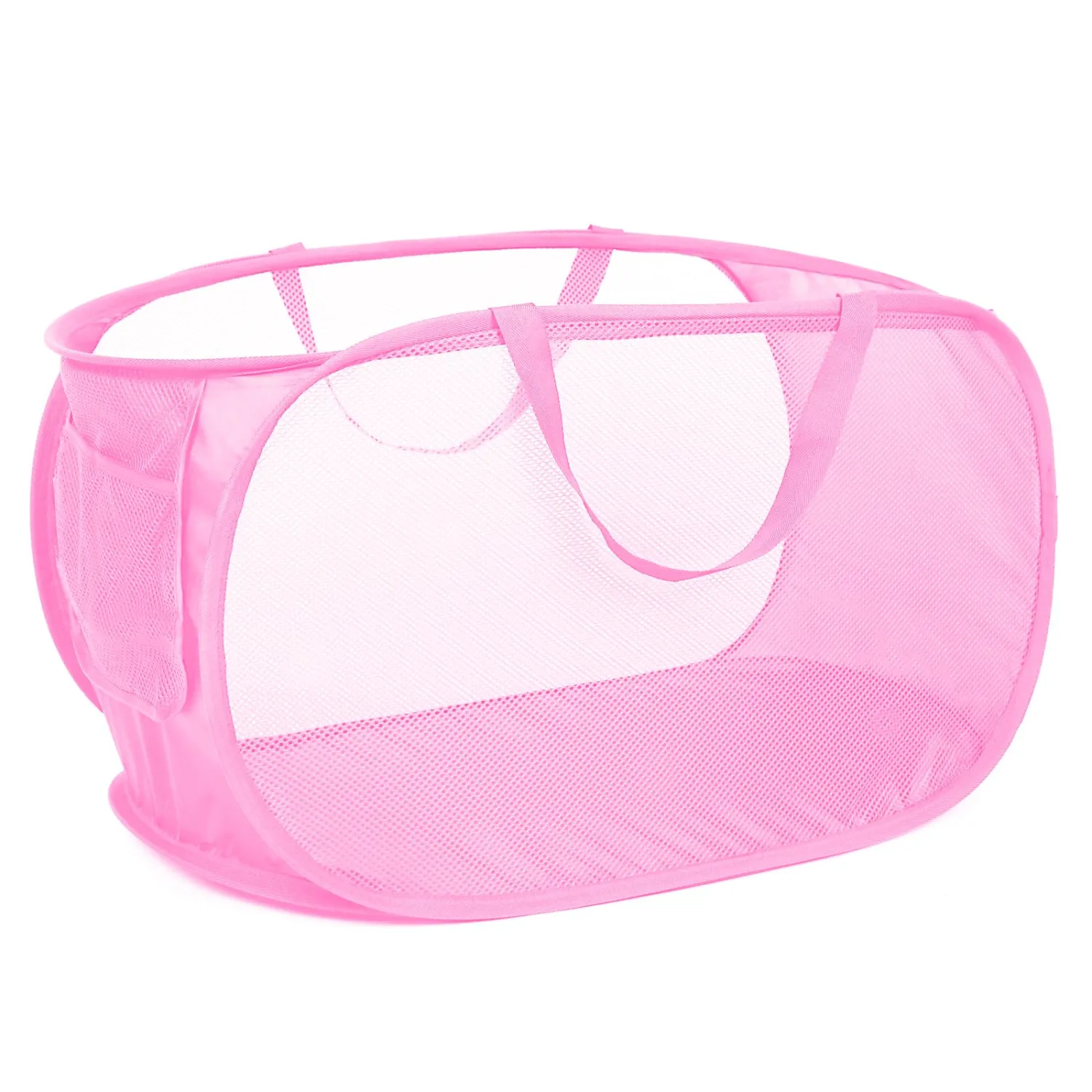 Durable Collapsible Laundry Baskets, Mesh Pop Up Laundry Hamper with Side Pocket, Foldable Clothes Storage Hamper with Reinforced Carry Handles for Laundry, Bathroom, Kids Room, Dorm or Travel Pink