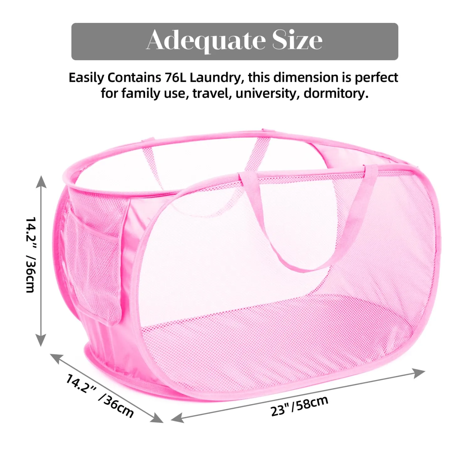 Durable Collapsible Laundry Baskets, Mesh Pop Up Laundry Hamper with Side Pocket, Foldable Clothes Storage Hamper with Reinforced Carry Handles for Laundry, Bathroom, Kids Room, Dorm or Travel Pink