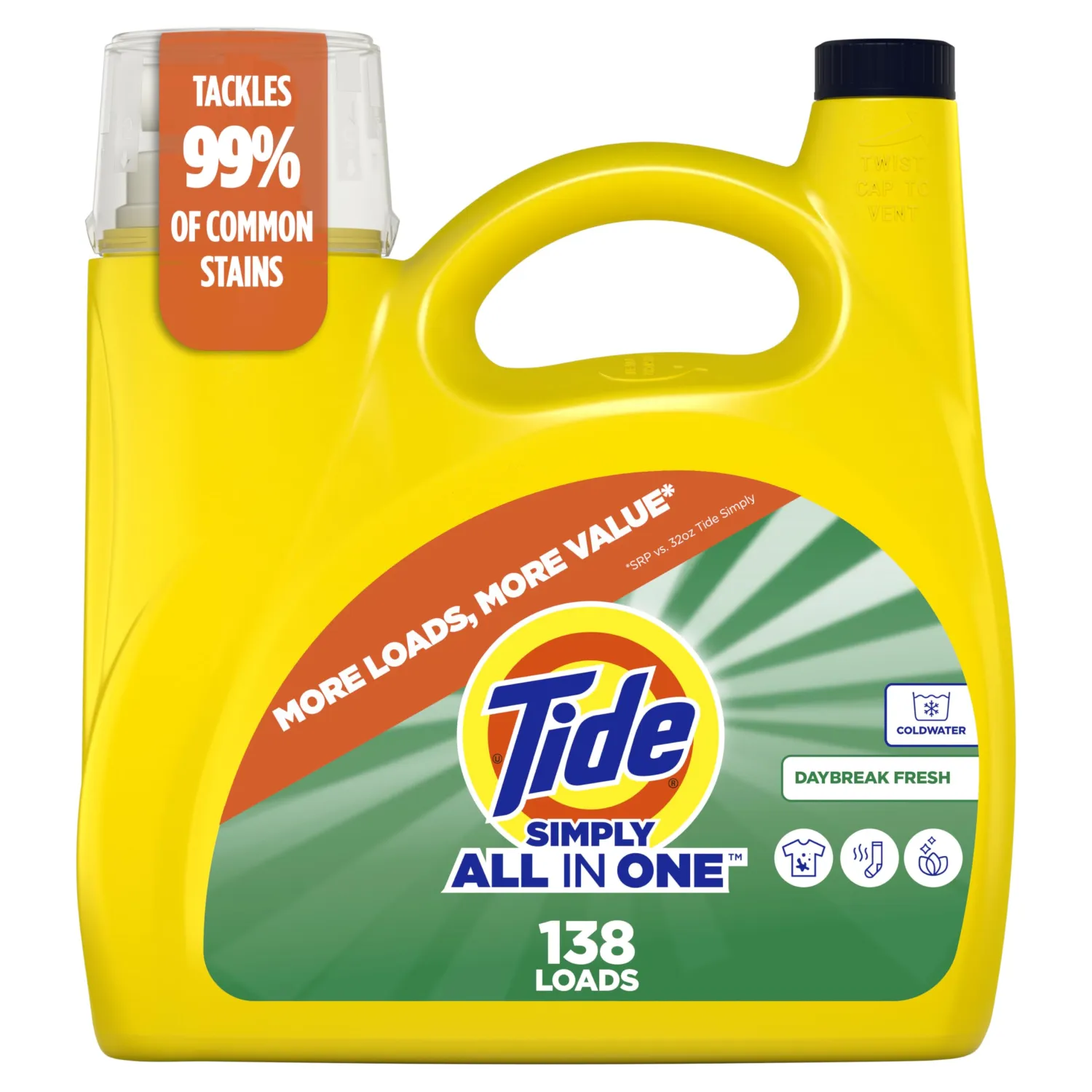 Tide Simply, All-In-One Liquid Laundry Detergent, Daybreak Fresh Scent, 138 Loads, 173 fl oz