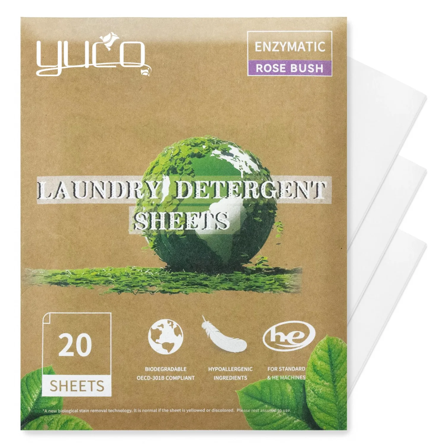 YUCO Travel Laundry Detergent Sheets Rose Bush Scent 40 Loads Eco Friendly Liquidless Washer Sheets No Plastic Hypoallergenic, For Sink and Washing Machine, Travel Friendly