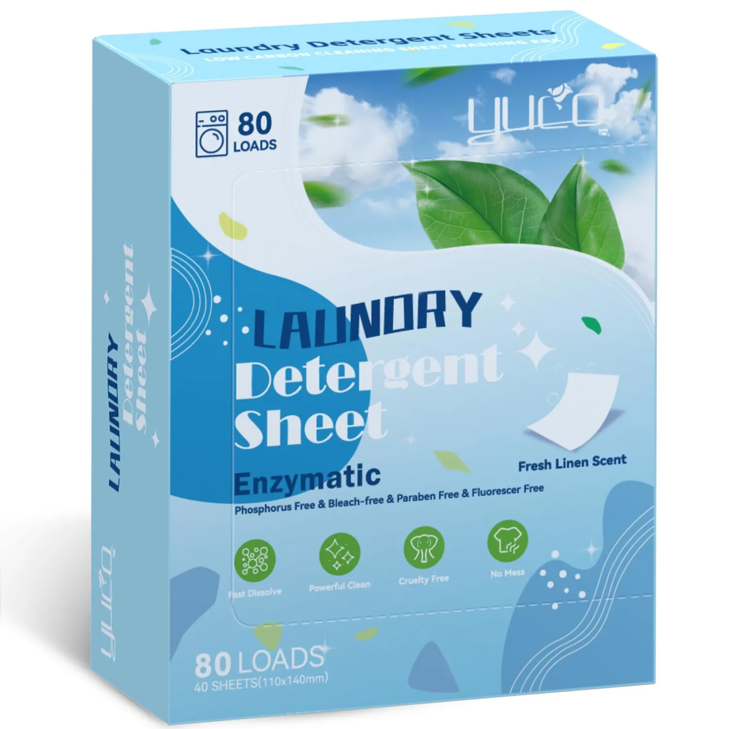 YUCO Laundry Detergent Sheets 80 Loads, Eco Friendly Laundry Soap Washer Sheets, Liquidless Laundry Detergent Sheet for Travel No Plastic, Hypoallergenic, Fresh Scent