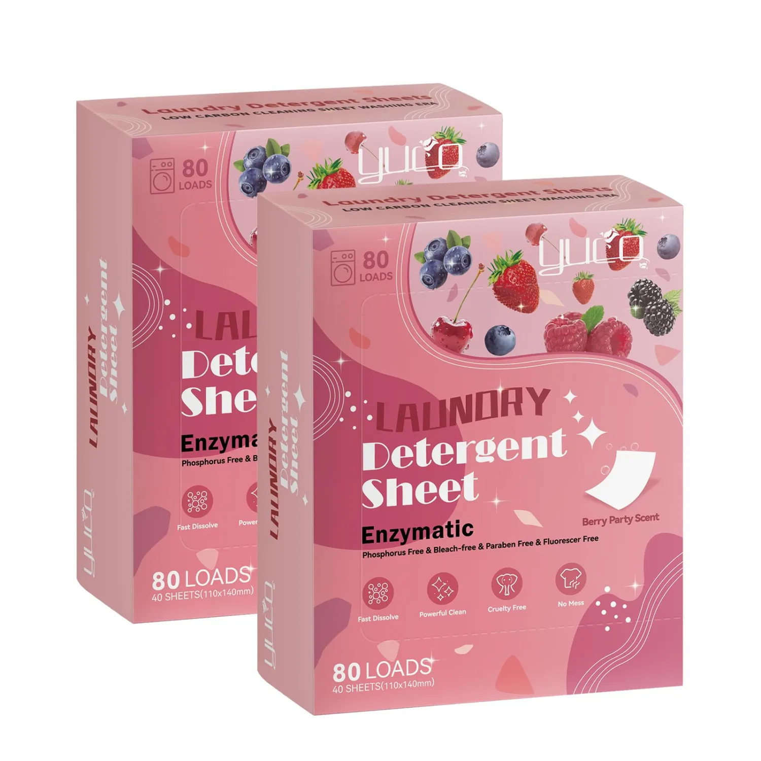 YUCO Laundry Detergent Sheets Berry Scent 160 Loads Eco Friendly Laundry Soap Washer Sheet, Liquidless Laundry Detergent Sheet for Travel No Plastic Hypoallergenic, Pack of 2