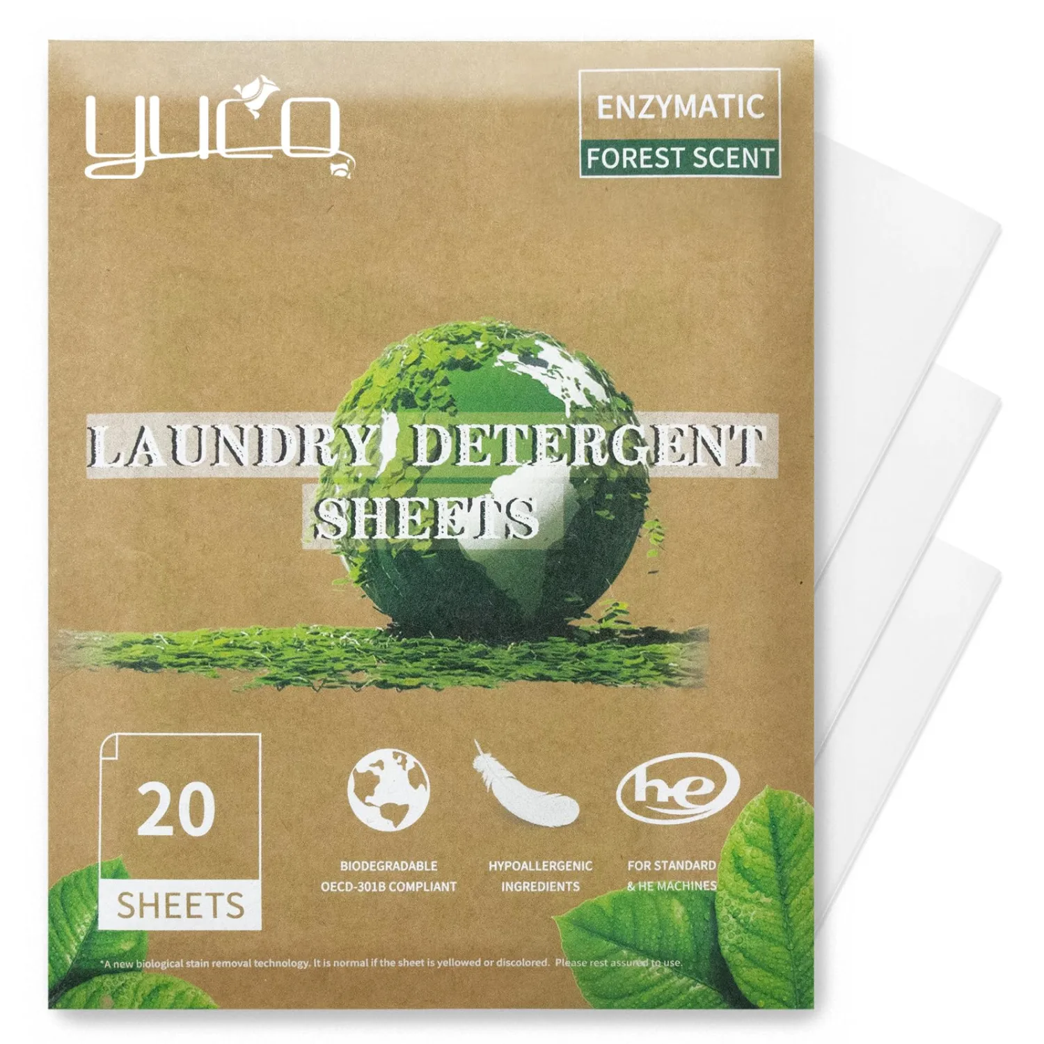 YUCO Travel Laundry Detergent Sheets Forest Scent 40 Loads Eco Friendly Liquidless Washer Sheets No Plastic Hypoallergenic, For Sink and Washing Machine, Travel Friendly