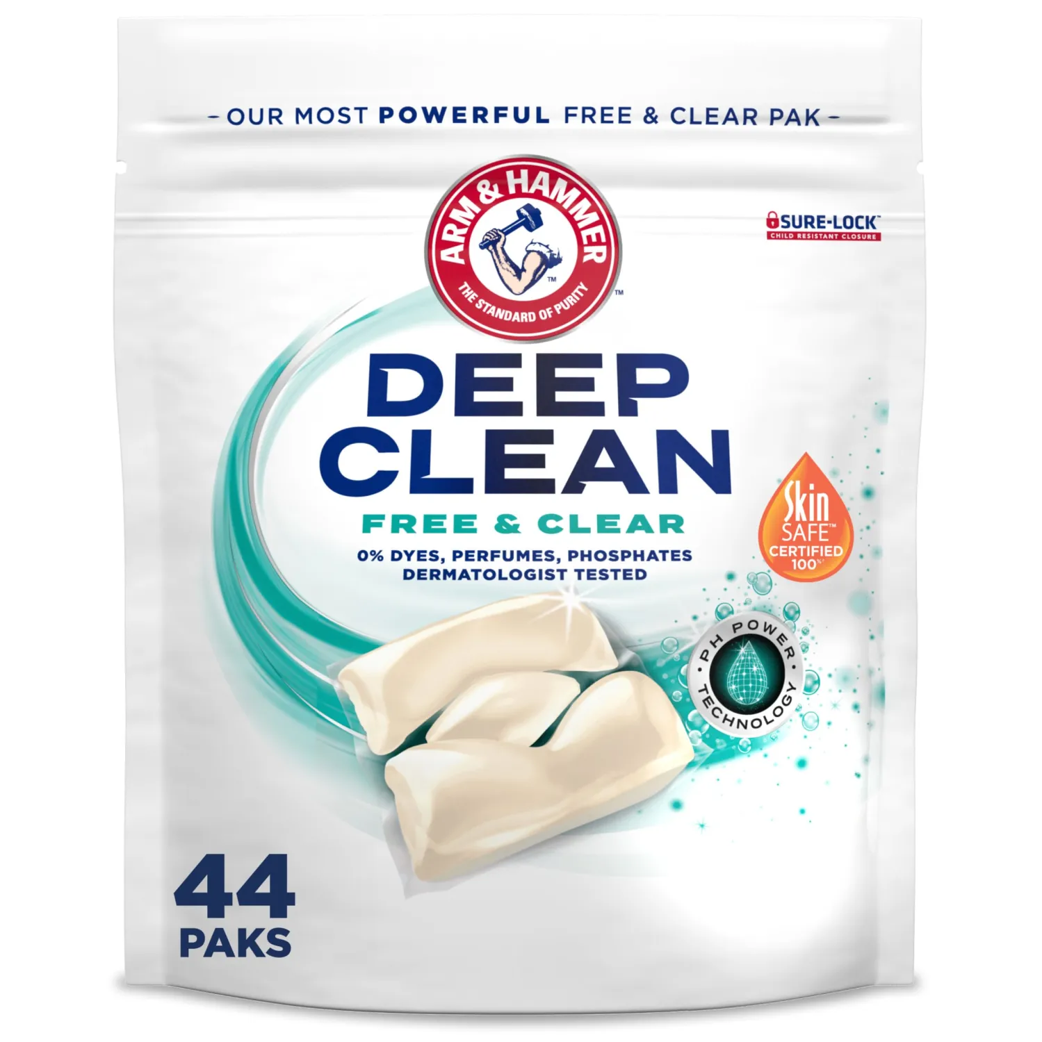 ARM & HAMMER Deep Clean Free & Clear Power Paks Concentrated Laundry Detergent, Free of Dyes, Perfumes and Phosphates, Dermatologist Tested, 44 Count