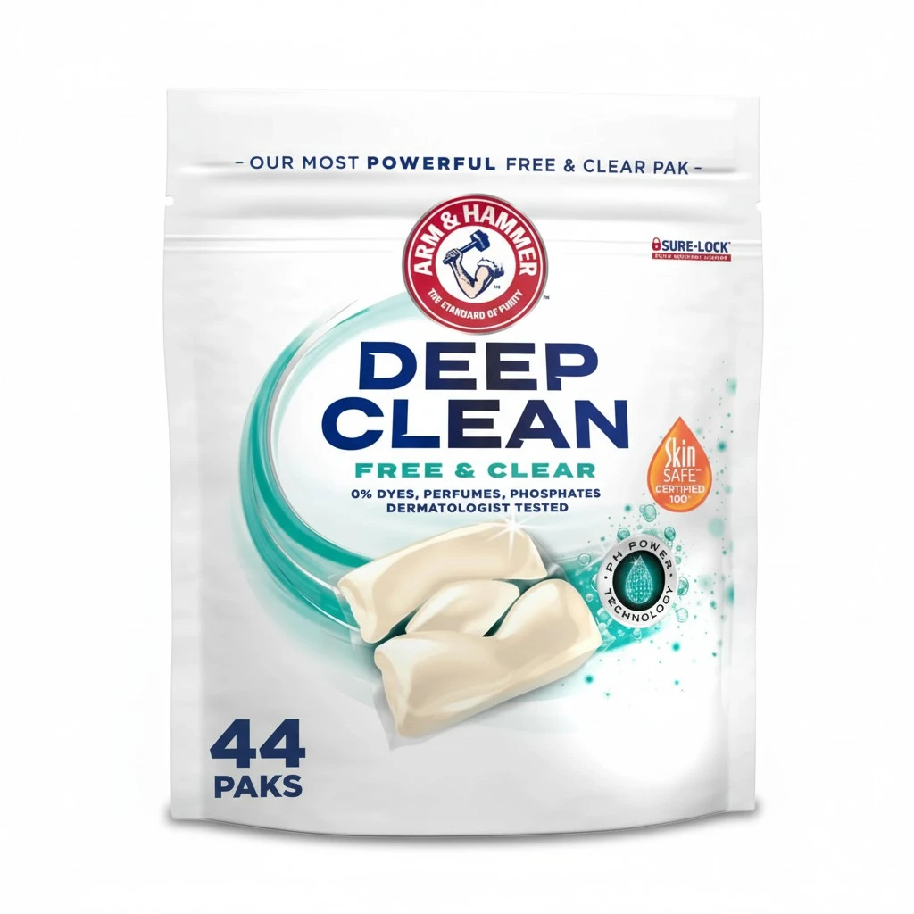 ARM & HAMMER Deep Clean Free & Clear Power Paks Concentrated Laundry Detergent, Free of Dyes, Perfumes and Phosphates, Dermatologist Tested, 44 Count