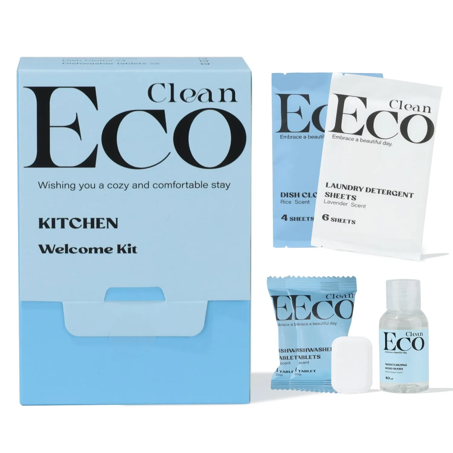 Kitchen Cleaning Welcome Kit, 4 Pcs Pre-load Dish cloth, 2 Dishwashing Blocks, 6 Laundry Detergent Sheets, 1.4 oz Hand Wash. All in One Elegant Box. (Sample)