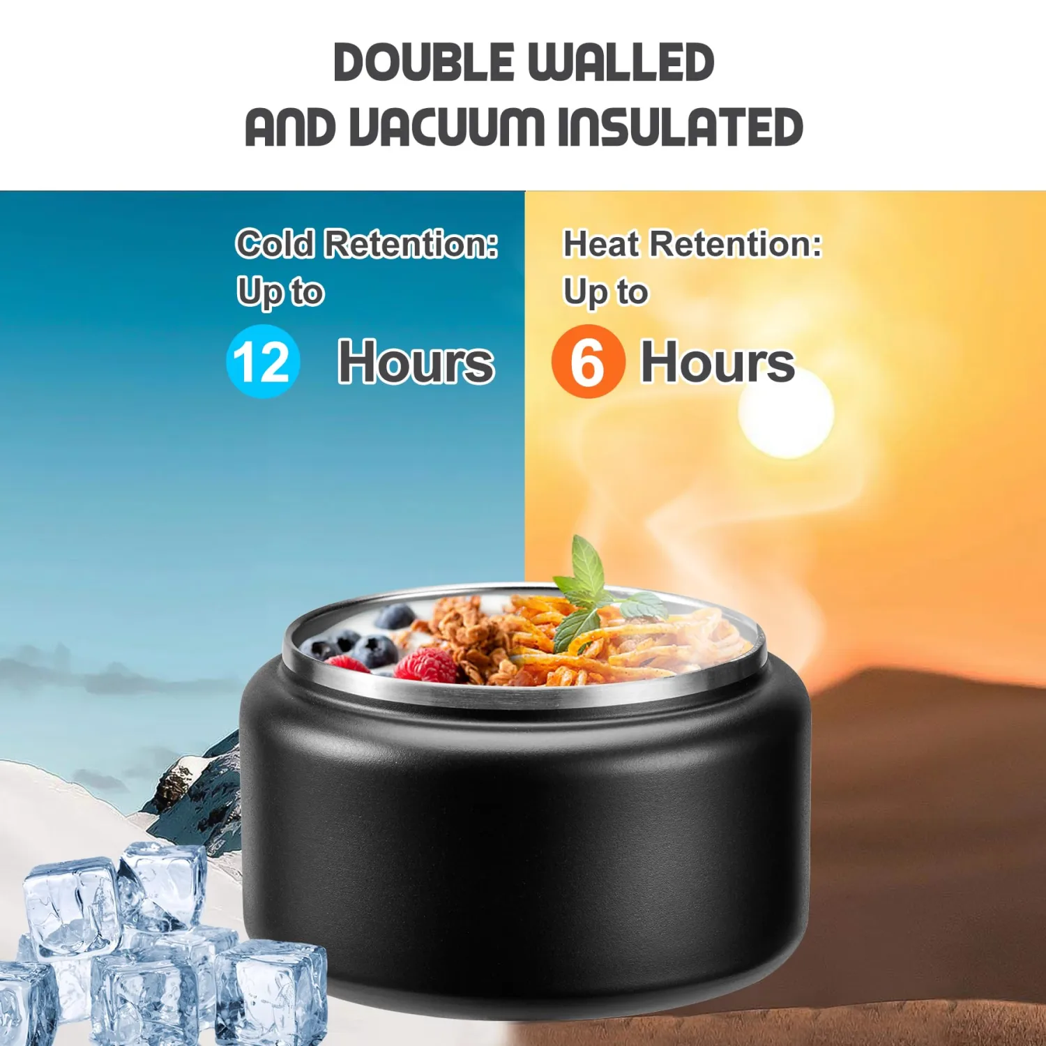 13.5oz Soup Thermo for Hot Food Kids with Buckle Lid Insulated Vacuum Food Jar Wide Mouth Leakproof Stainless Steel Lunch Container (Black)