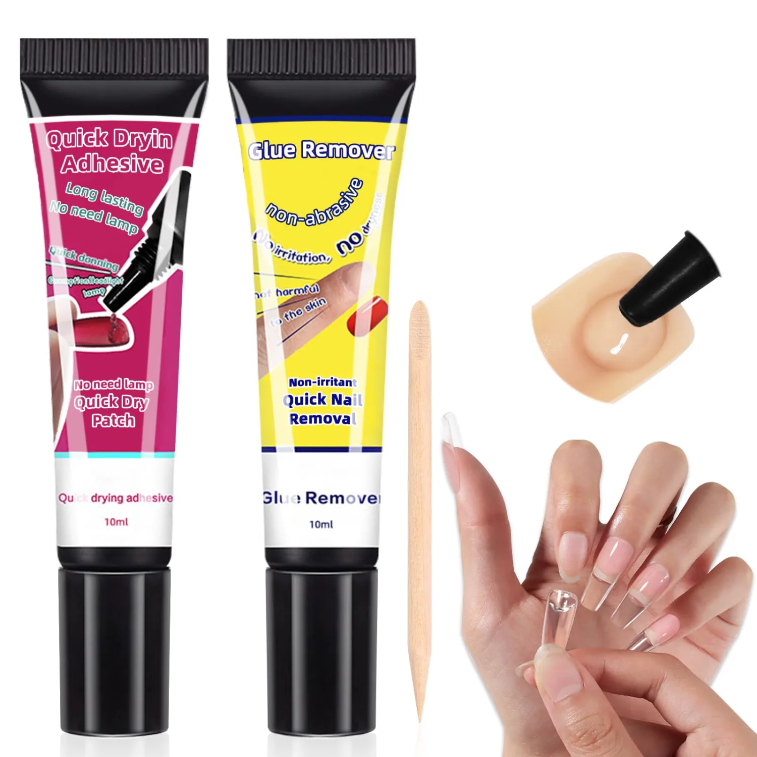 10g Solid Nail Glue+ 10ml Nail Remover for Press on Nails, Upgraded Quick Drying No Need UV Lamp Super Strong Adhesion Nail Bond Glue for Nail Tip with Remover,Cuticle Stick, Last 2+ Weeks