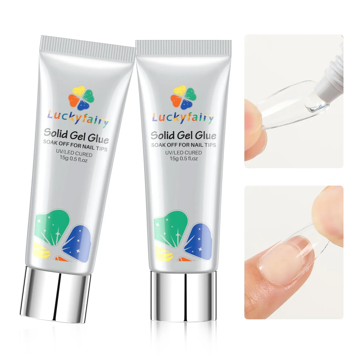 Gel Nail Glue 15ml 2Pcs - Solid Nail Glue for Acrylic Nails for Nail Tips Strong for Nails UV Light Curing Needed Press On Nails Extensions Soak Off 30ml, Luckyfairy