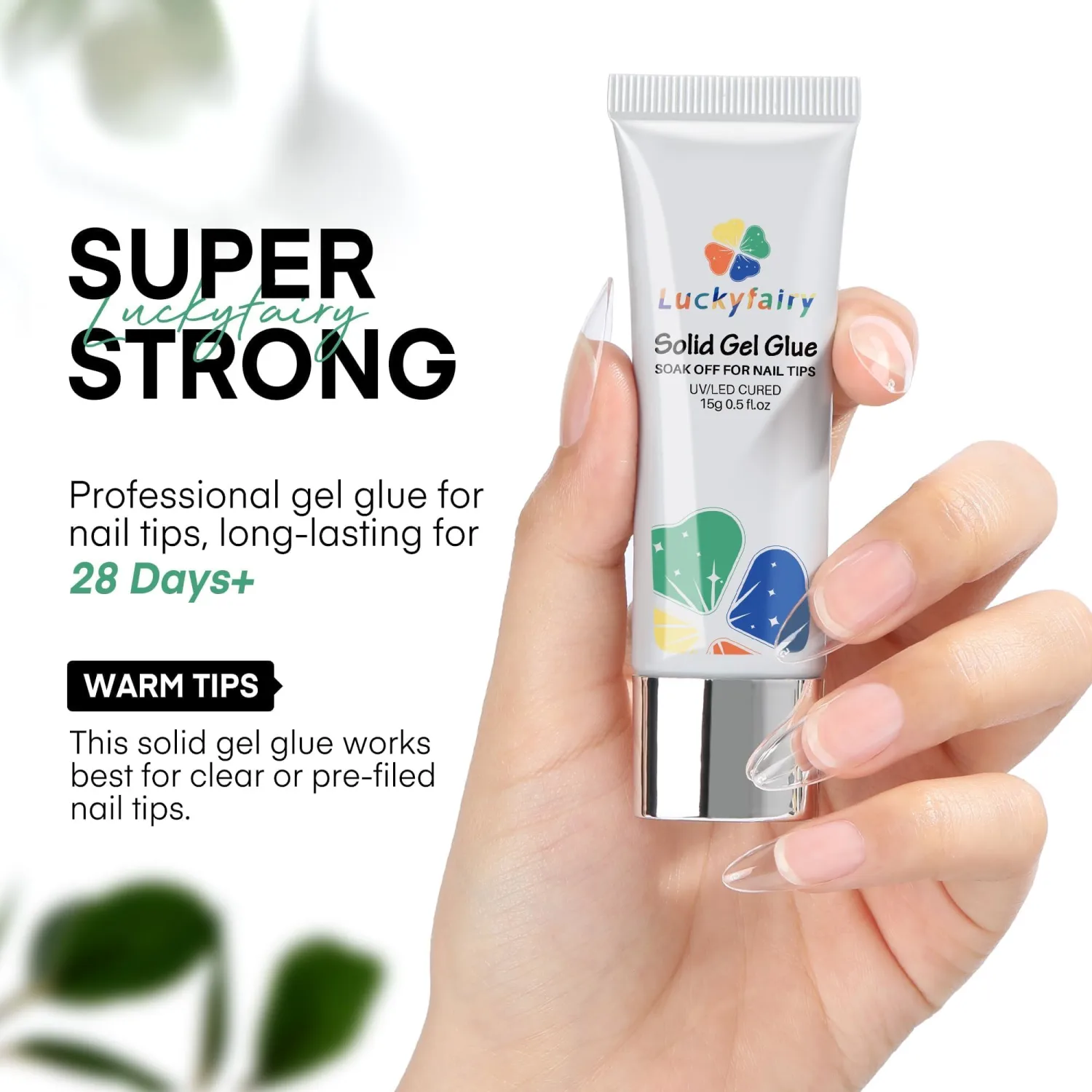 Gel Nail Glue 15ml 2Pcs - Solid Nail Glue for Acrylic Nails for Nail Tips Strong for Nails UV Light Curing Needed Press On Nails Extensions Soak Off 30ml, Luckyfairy