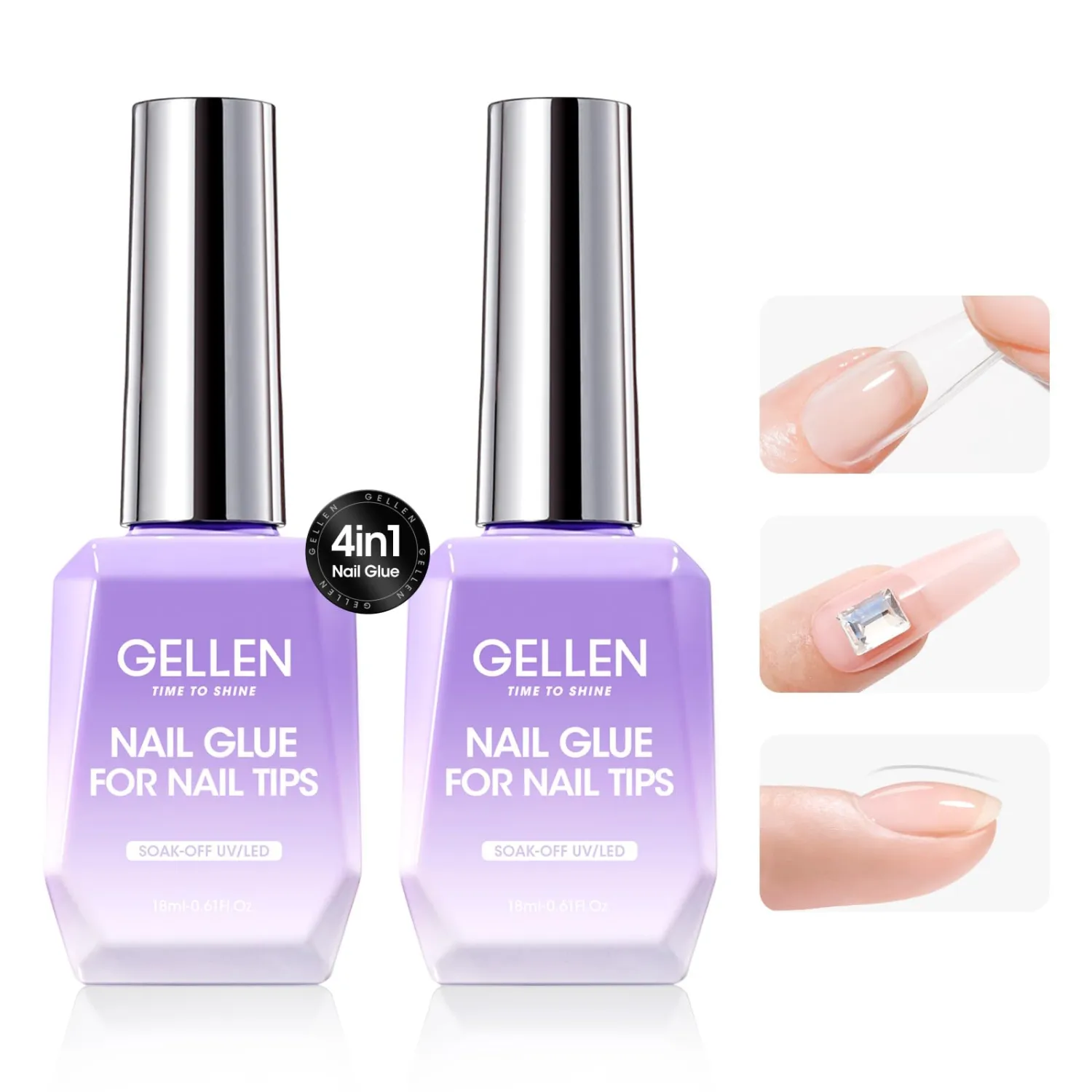 Gellen 2 Pcs Gel Nail Glue for Nail Tips, 4 in 1 UV Extension Glue for Acrylic Tips, Clear Press on Nails, False Nails, Base Gel, Rhinestone, U V Led Lamp Needed