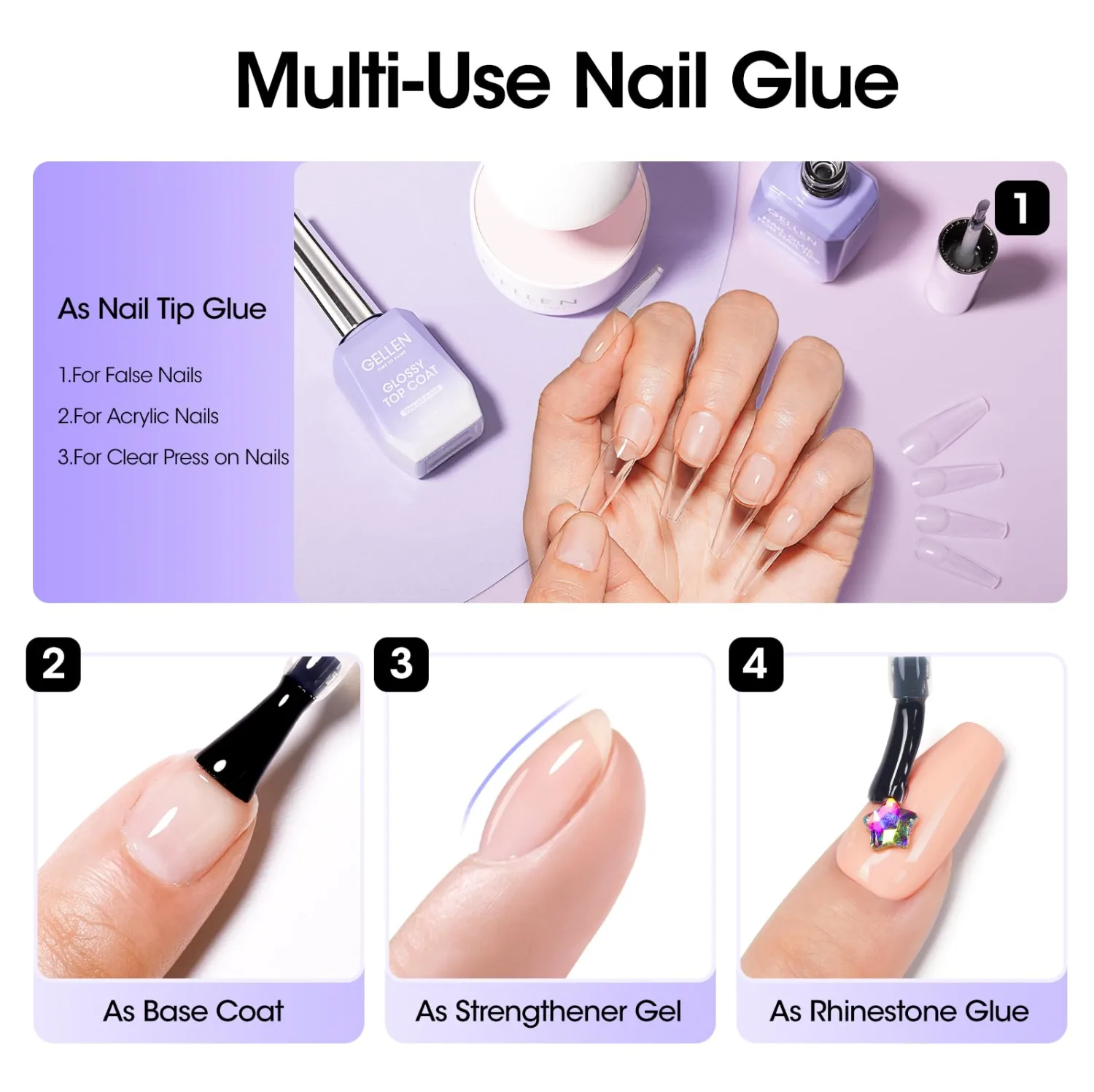 Gellen 2 Pcs Gel Nail Glue for Nail Tips, 4 in 1 UV Extension Glue for Acrylic Tips, Clear Press on Nails, False Nails, Base Gel, Rhinestone, U V Led Lamp Needed