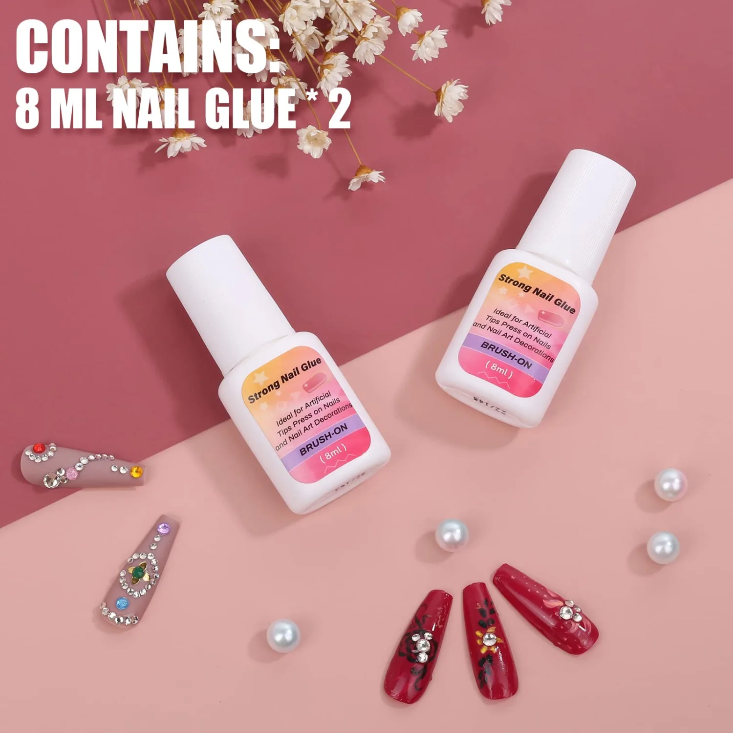 Strong Nail Glue for Press on Nails,2 x 8ML Super Adhesive Brush-on Nail Glue for Acrylic Nails Tips, Broken Nail Repair, Nail Art Charms Decoration, Professional Long-Lasting Nail Glue Gel