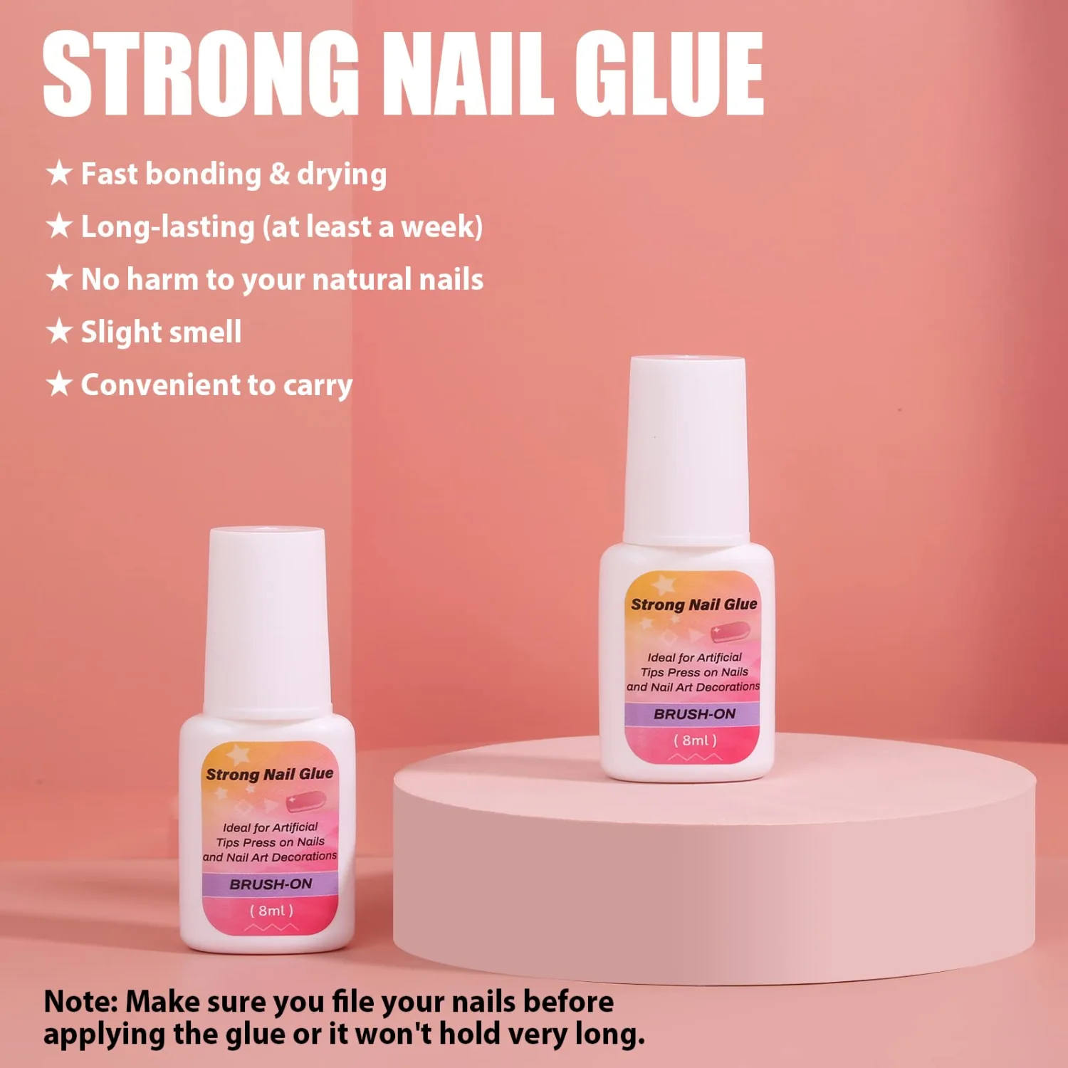 Strong Nail Glue for Press on Nails,2 x 8ML Super Adhesive Brush-on Nail Glue for Acrylic Nails Tips, Broken Nail Repair, Nail Art Charms Decoration, Professional Long-Lasting Nail Glue Gel