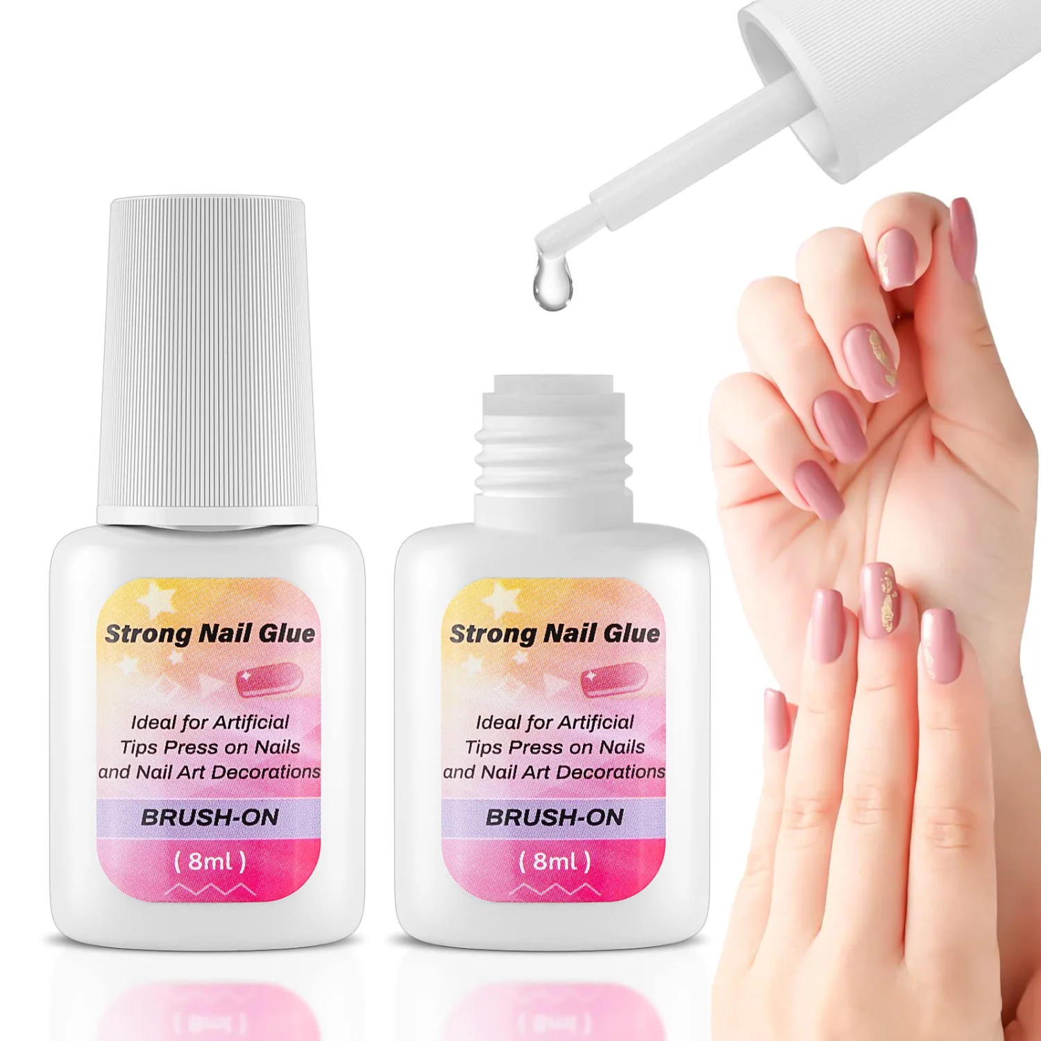 Strong Nail Glue for Press on Nails,2 x 8ML Super Adhesive Brush-on Nail Glue for Acrylic Nails Tips, Broken Nail Repair, Nail Art Charms Decoration, Professional Long-Lasting Nail Glue Gel
