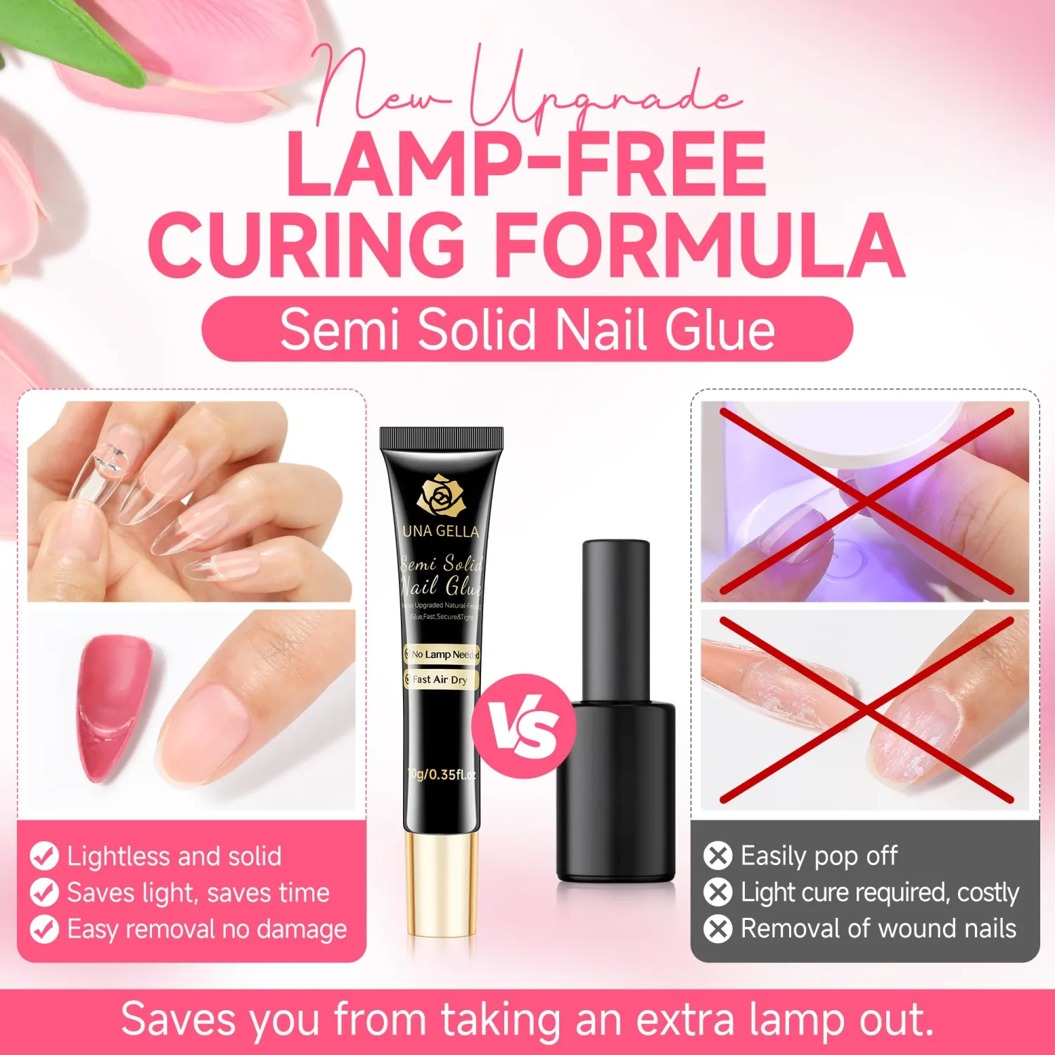 UNA GELLA No Lamp Need Semi Solid Nail Glue Gel 10ml and Nail Glue Remover 12ml Solid Gel Glue Kit for Press On Nails, Soak Off Glue Remover for Nails Quick Removal