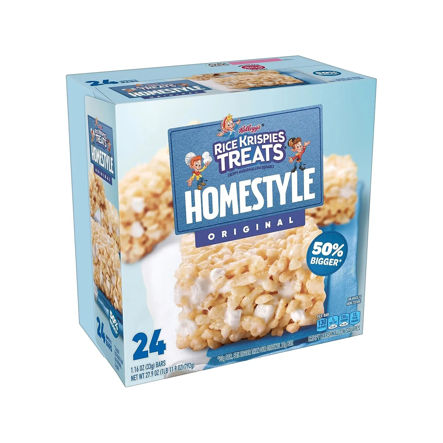 Rice Krispies Treats Homestyle Marshmallow Snack Bars, Kids Snacks, Lunch Snacks, Original, 27.9oz Box (24 Bars)