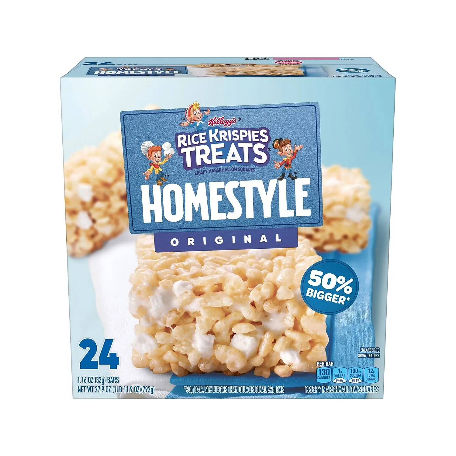 Rice Krispies Treats Homestyle Marshmallow Snack Bars, Kids Snacks, Lunch Snacks, Original, 27.9oz Box (24 Bars)