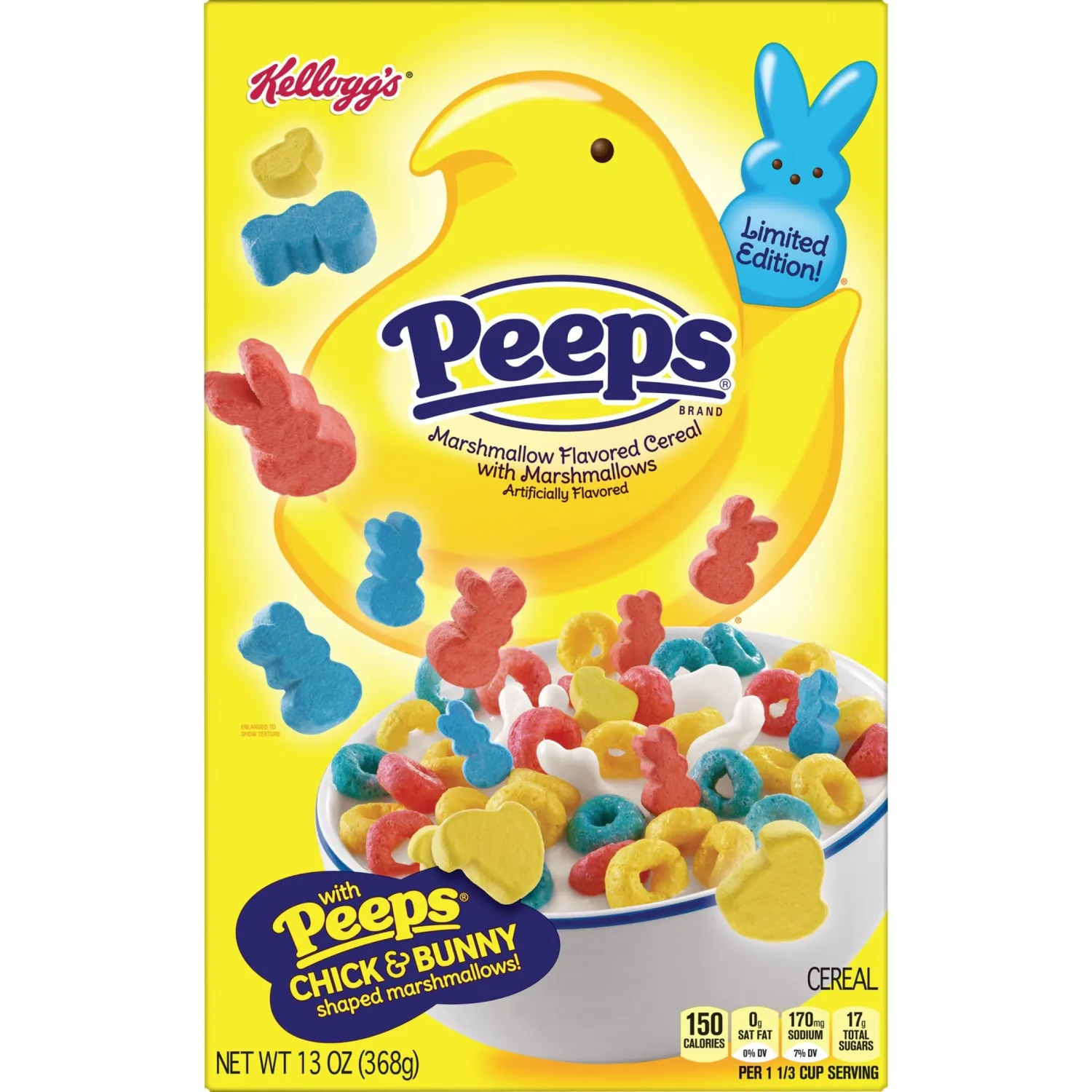Kellogg's Peeps Breakfast Cereal, Easter Snacks, Family Breakfast, Large Size, Original with Marshmallows, 13oz Box (1 Box)