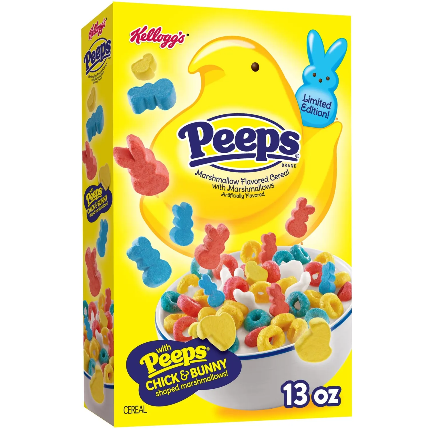 Kellogg's Peeps Breakfast Cereal, Easter Snacks, Family Breakfast, Large Size, Original with Marshmallows, 13oz Box (1 Box)