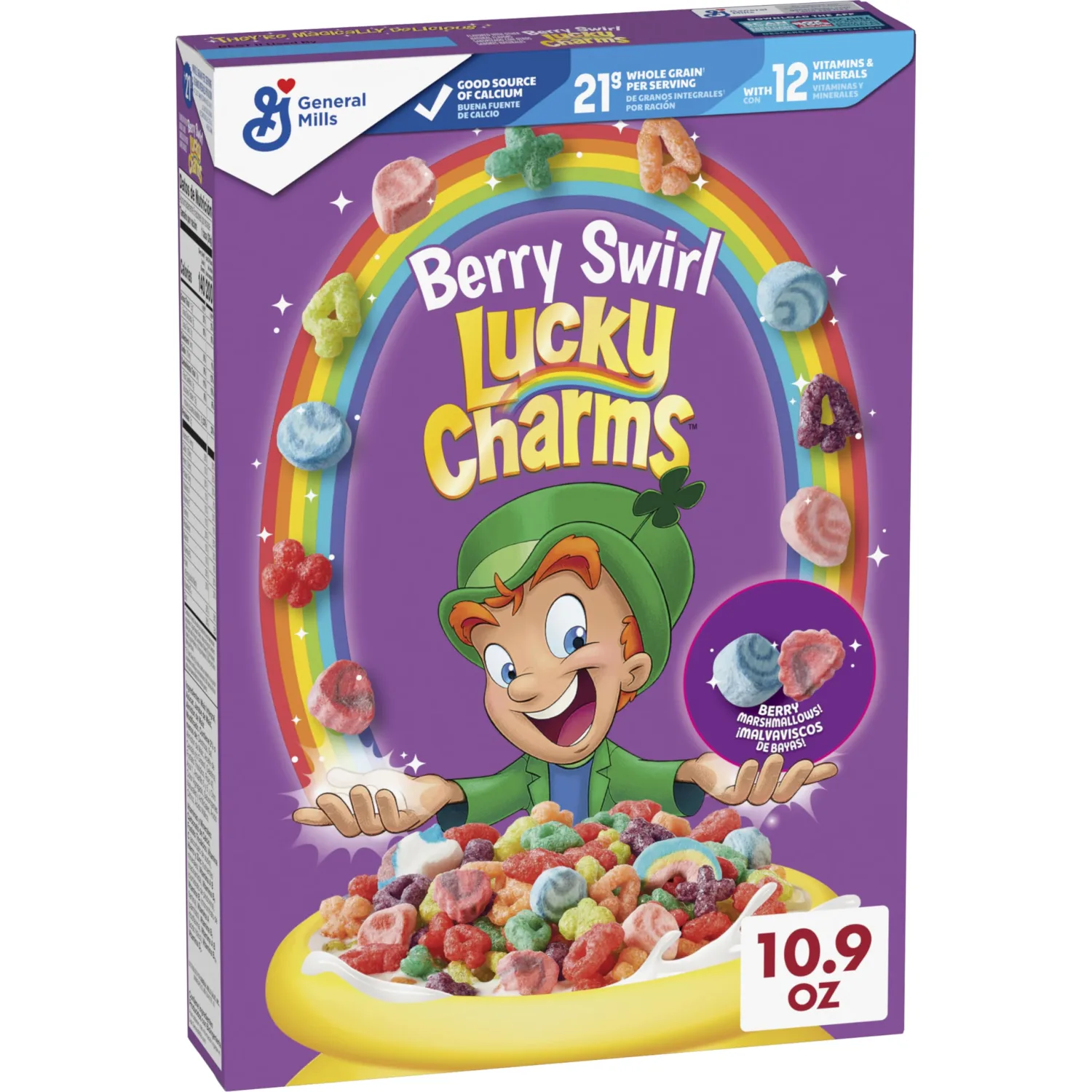 Lucky Charms Berry Swirl Breakfast Cereal with Marshmallows, Kids Breakfast Cereal, Made with Whole Grain, 10.9 oz