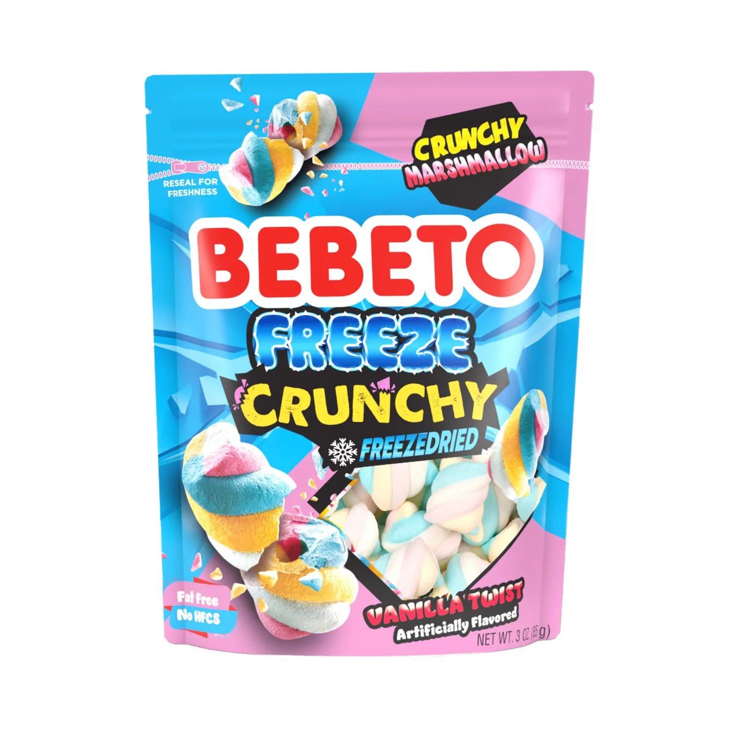Bebeto Freeze Dried Crunchy Twist Marshmallows - Sweet, Crunchy Fat Free & Peanut Free Freeze Dried Candy - No High Fructose Corn Syrup - Resealable Bag Halal Freeze Dried Marshmallow Candy - 3oz Pack - by Kervan (Vanilla Twist Marshmallow)