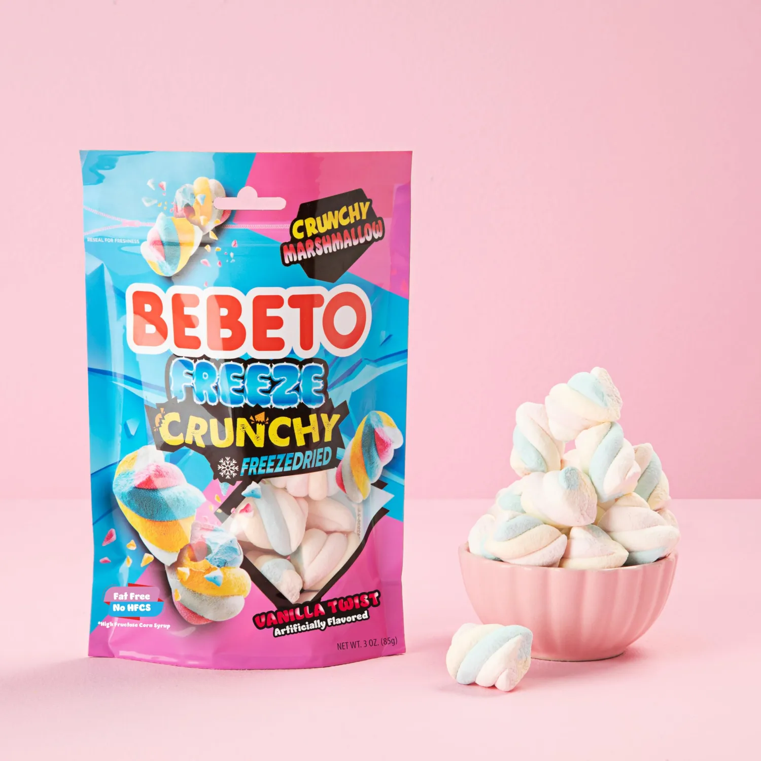 Bebeto Freeze Dried Crunchy Twist Marshmallows - Sweet, Crunchy Fat Free & Peanut Free Freeze Dried Candy - No High Fructose Corn Syrup - Resealable Bag Halal Freeze Dried Marshmallow Candy - 3oz Pack - by Kervan (Vanilla Twist Marshmallow)