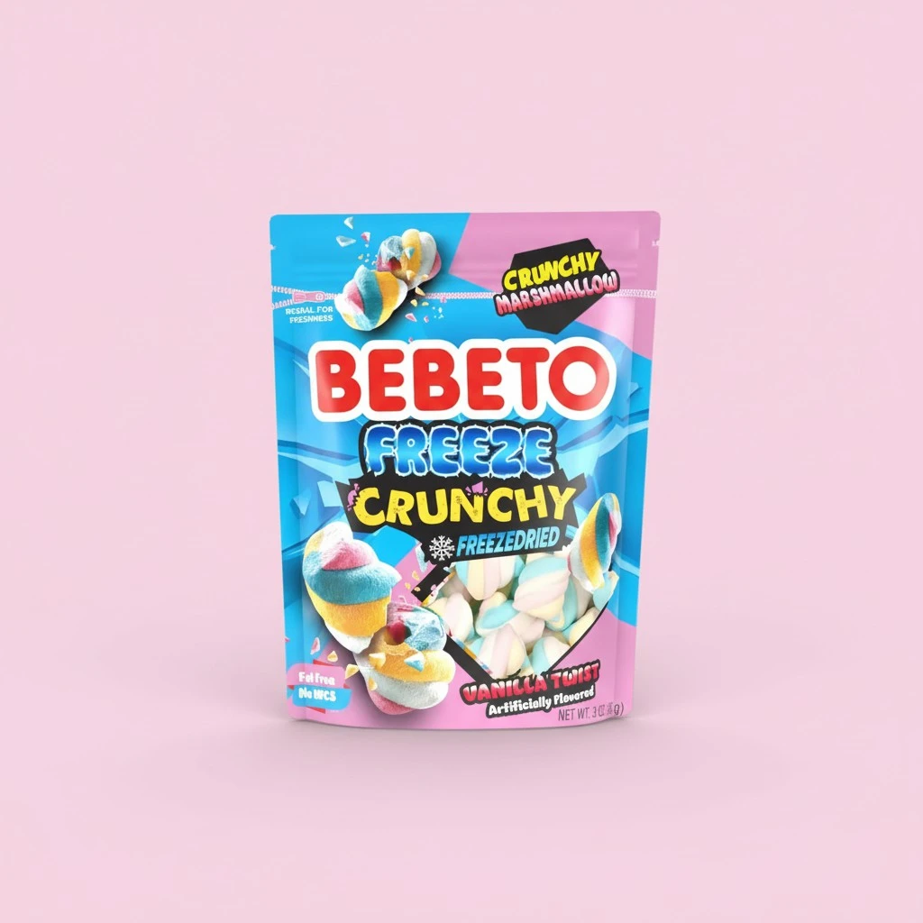 Bebeto Freeze Dried Crunchy Twist Marshmallows - Sweet, Crunchy Fat Free & Peanut Free Freeze Dried Candy - No High Fructose Corn Syrup - Resealable Bag Halal Freeze Dried Marshmallow Candy - 3oz Pack - by Kervan (Vanilla Twist Marshmallow)