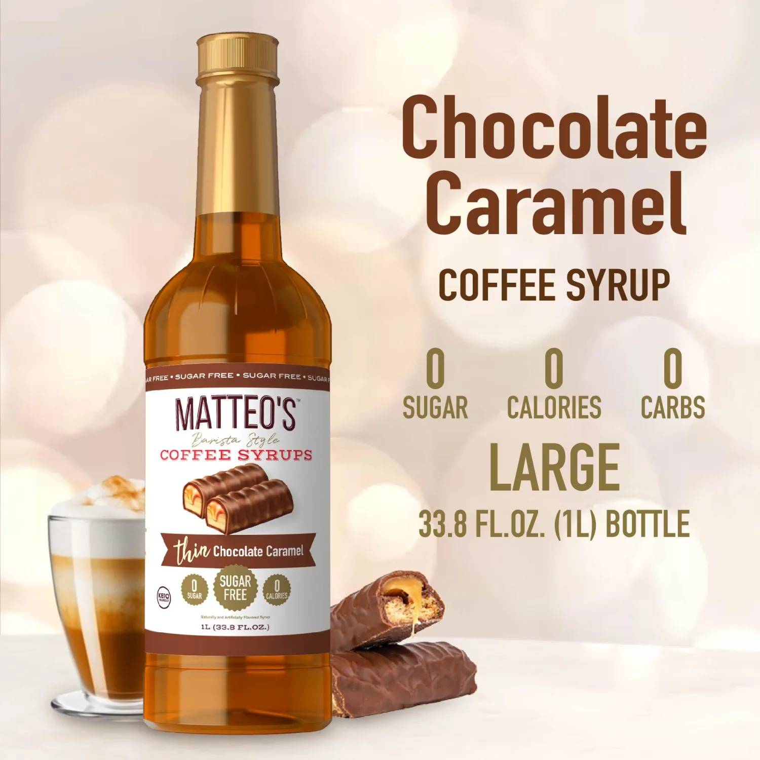 Matteo's Sugar Free Coffee Flavoring Syrup, Chocolate Caramel, Delicious Coffee Syrup, 0 Calories, 0 Sugar Coffee Syrups, Chocolate Caramel, 33.8 oz, 1 bottle