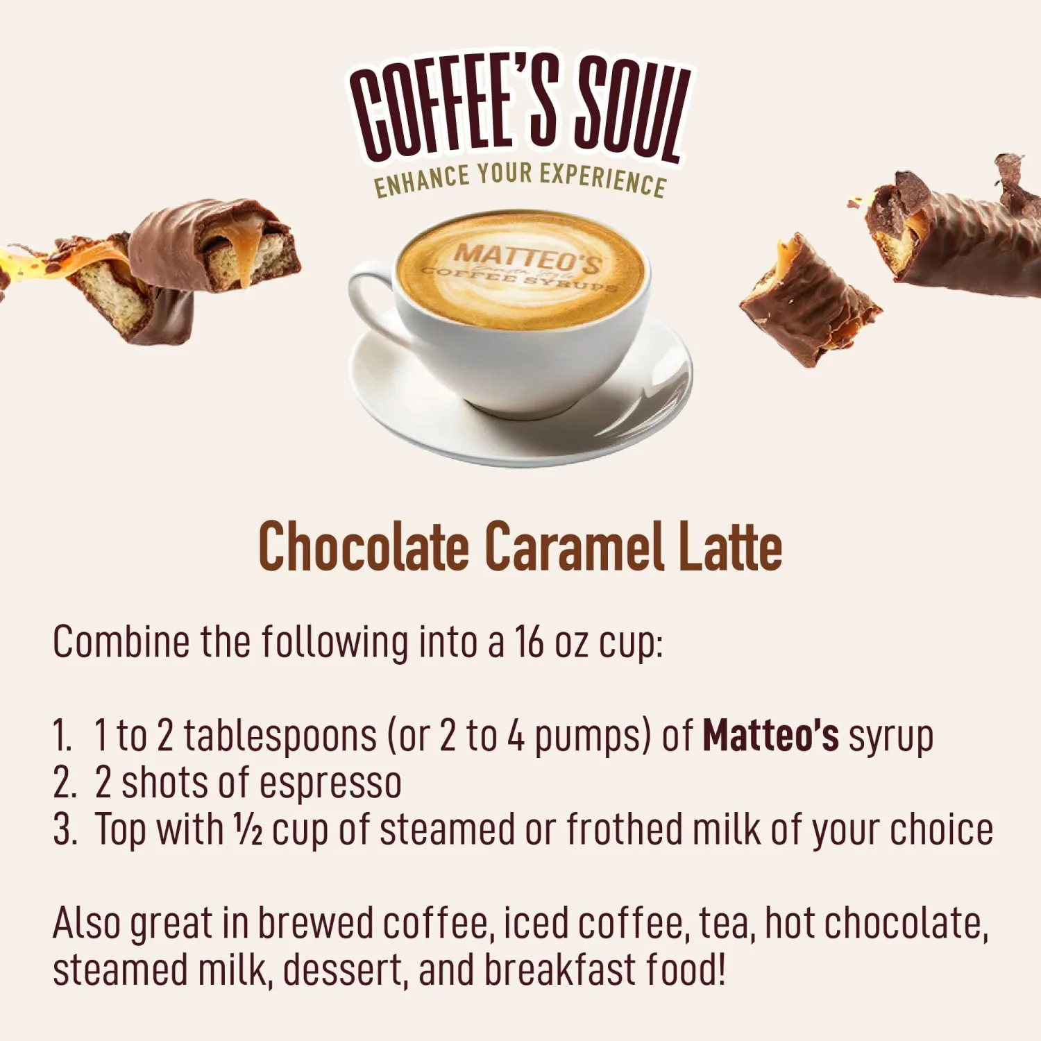 Matteo's Sugar Free Coffee Flavoring Syrup, Chocolate Caramel, Delicious Coffee Syrup, 0 Calories, 0 Sugar Coffee Syrups, Chocolate Caramel, 33.8 oz, 1 bottle