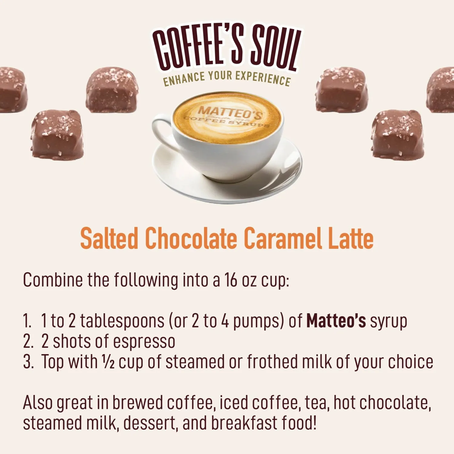 Matteo's Barista Style Sugar-Free Coffee Syrup, Salted Chocolate Caramel Flavor, Zero Calorie and Sugar, Keto Friendly, Ideal for Latte, Cappuccino, Espresso, Americano, Indulgent Taste 33.8 Oz 6-Pack