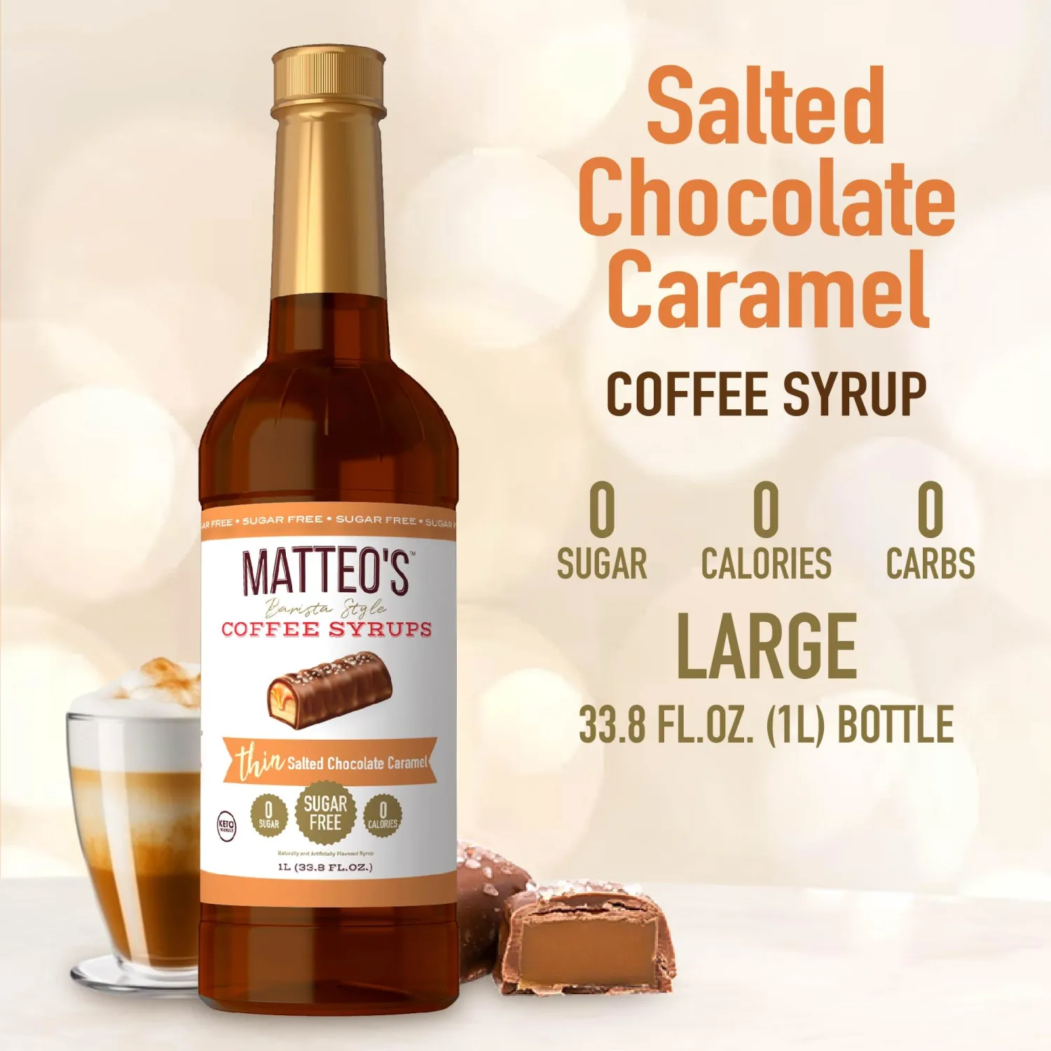 Matteo's Barista Style Sugar-Free Coffee Syrup, Salted Chocolate Caramel Flavor, Zero Calorie and Sugar, Keto Friendly, Ideal for Latte, Cappuccino, Espresso, Americano, Indulgent Taste 33.8 Oz 6-Pack