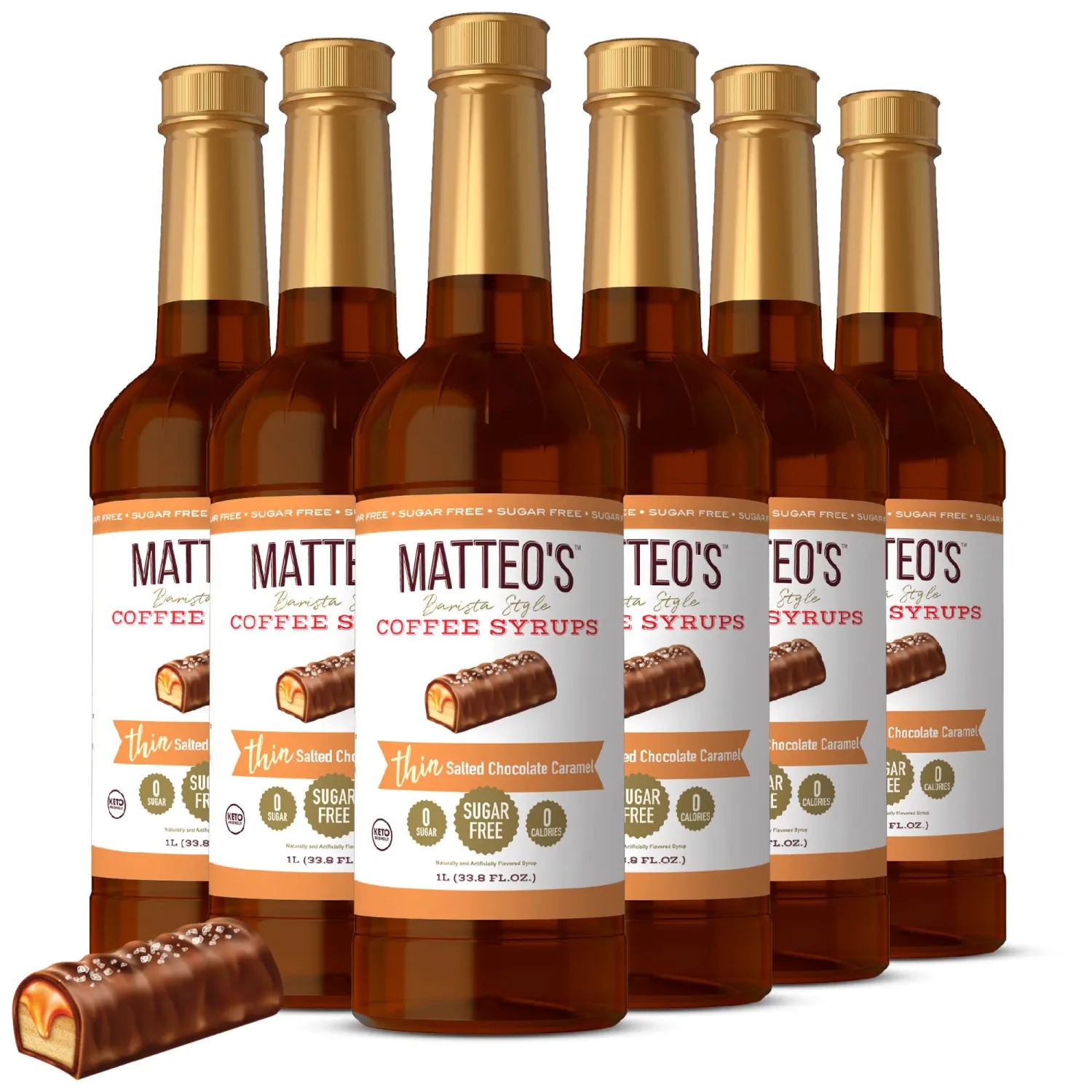 Matteo's Barista Style Sugar-Free Coffee Syrup, Salted Chocolate Caramel Flavor, Zero Calorie and Sugar, Keto Friendly, Ideal for Latte, Cappuccino, Espresso, Americano, Indulgent Taste 33.8 Oz 6-Pack