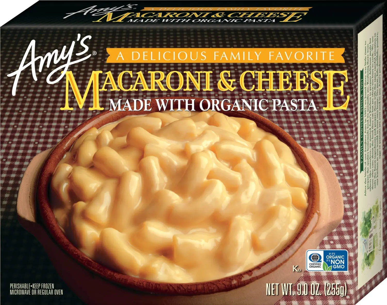 Amy's Frozen Meals, Macaroni and Cheese Frozen Pasta Tray, Made With Organic Pasta and White Cheddar Cheese, Microwave Meals, 9 Oz