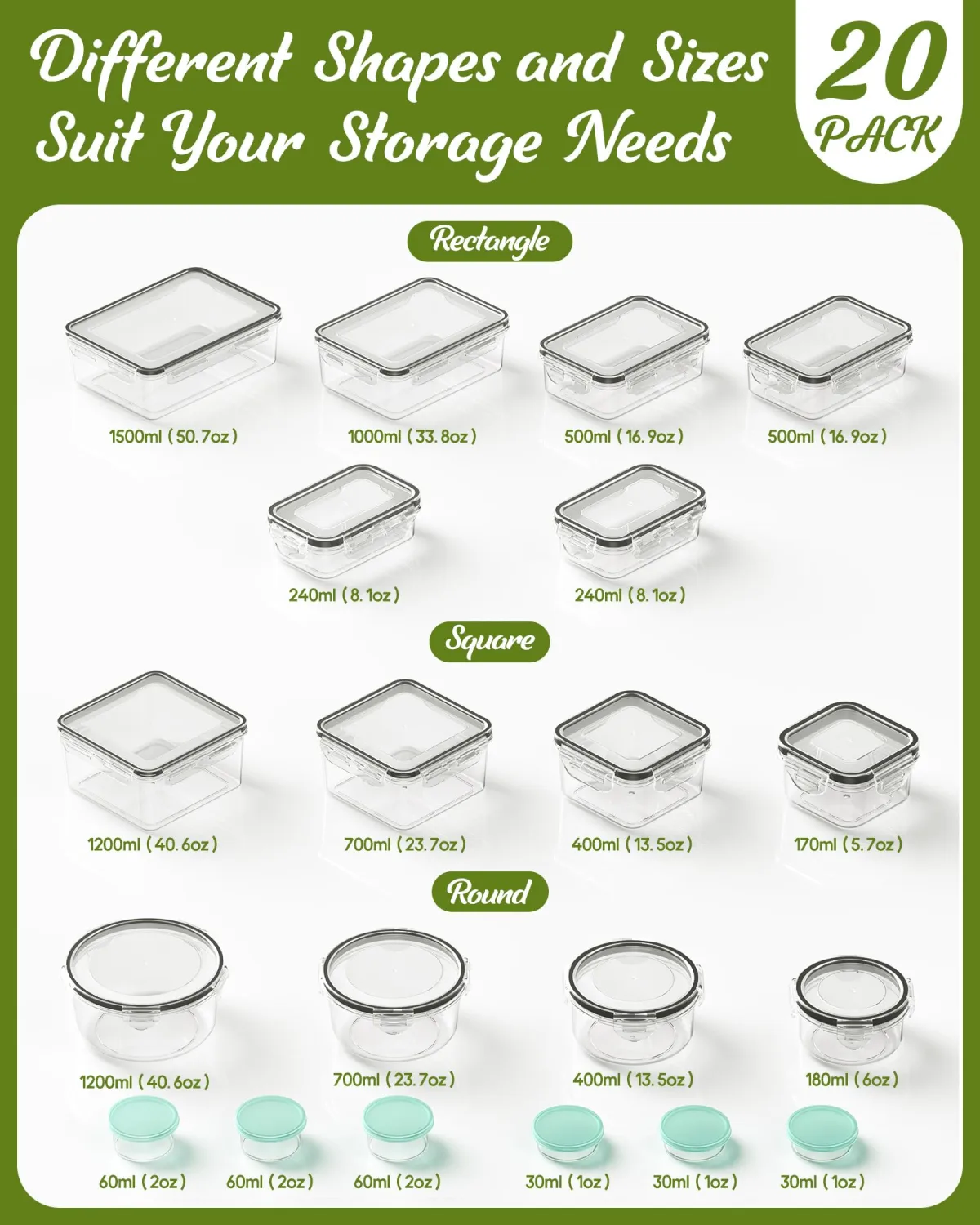 40 Piece Food Storage Containers with Lids(20 Containers & 20 Lids), BPA-Free Plastic Food Containers for Kitchen Storage and Organization, Leak Proof Meal Prep Container, Includes Labels & Pen