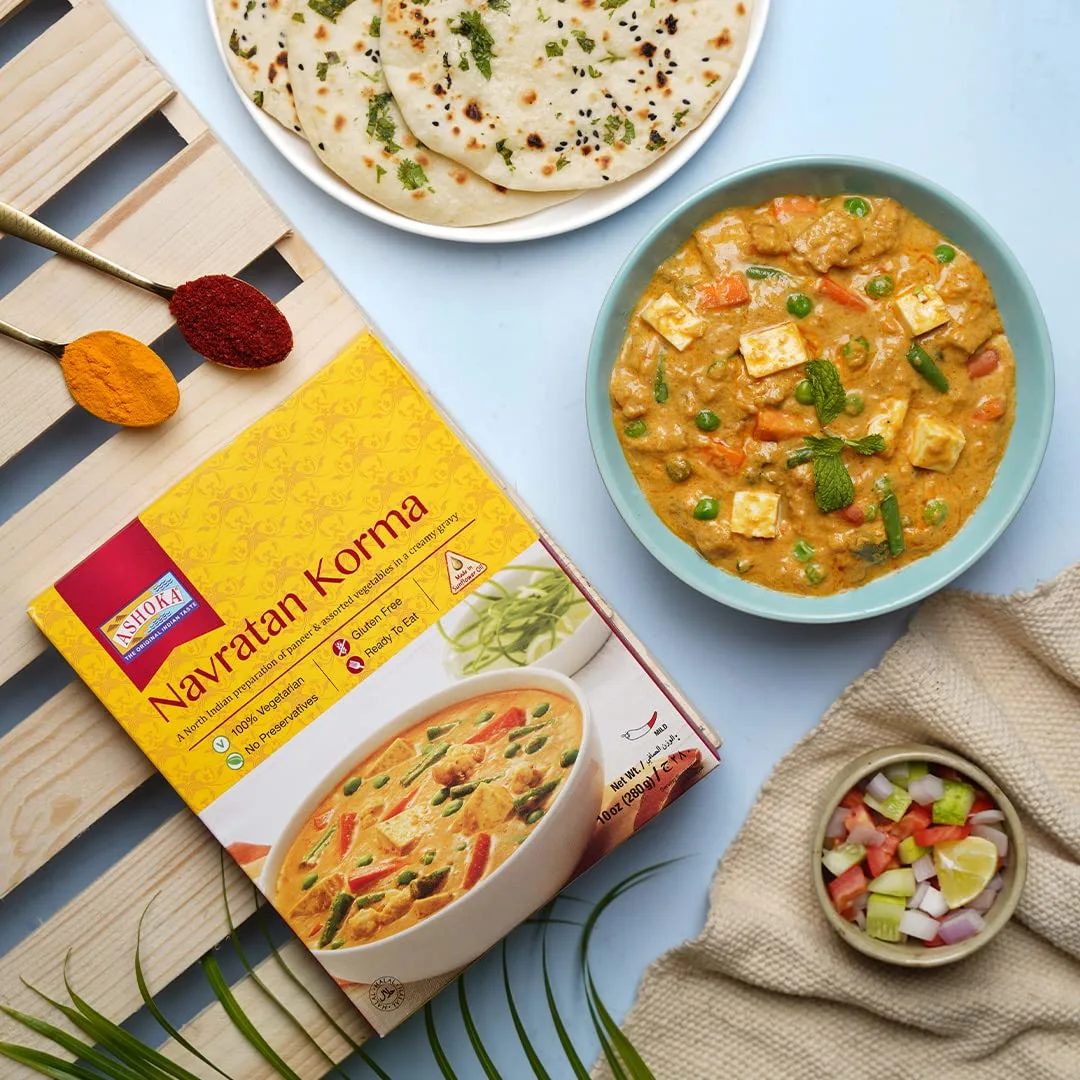 Ashoka Indian Meals 1932, Vegetarian Entry, Mixed Vegetables & Cheese, All-Natural Heat & Eat Navratan Korma, Kosher Certified, Microwave Ready Indian Meals, Gluten-Free, No Preservatives, Pack of 1
