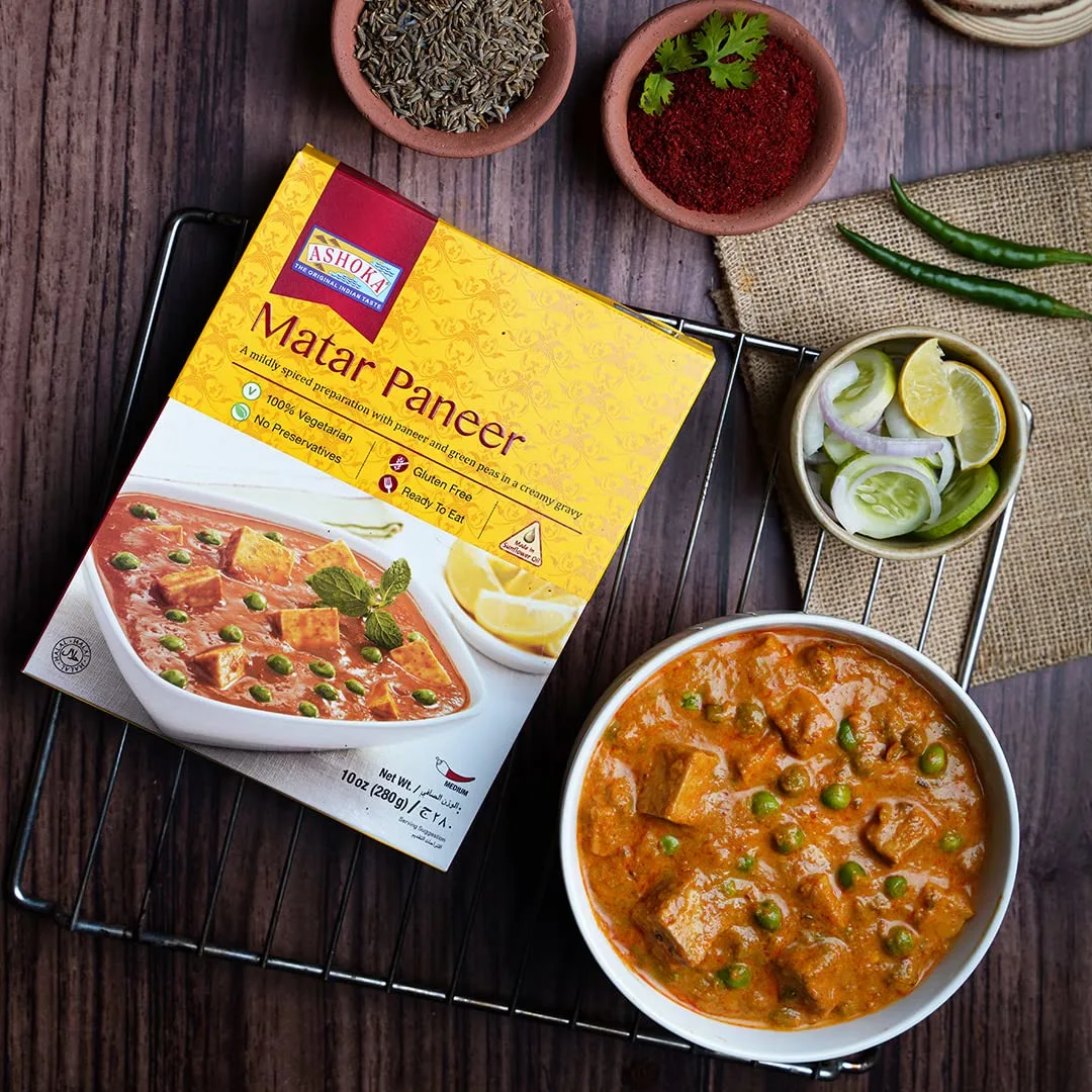 Ashoka Heat & Eat Entrees 1932, Vegetarian Green Peas & Cheese, Gluten-Free Indian Meals, Kosher Certified, All-Natural Matar Paneer, Travel Friendly, Portable, No Preservatives, Pack of 1