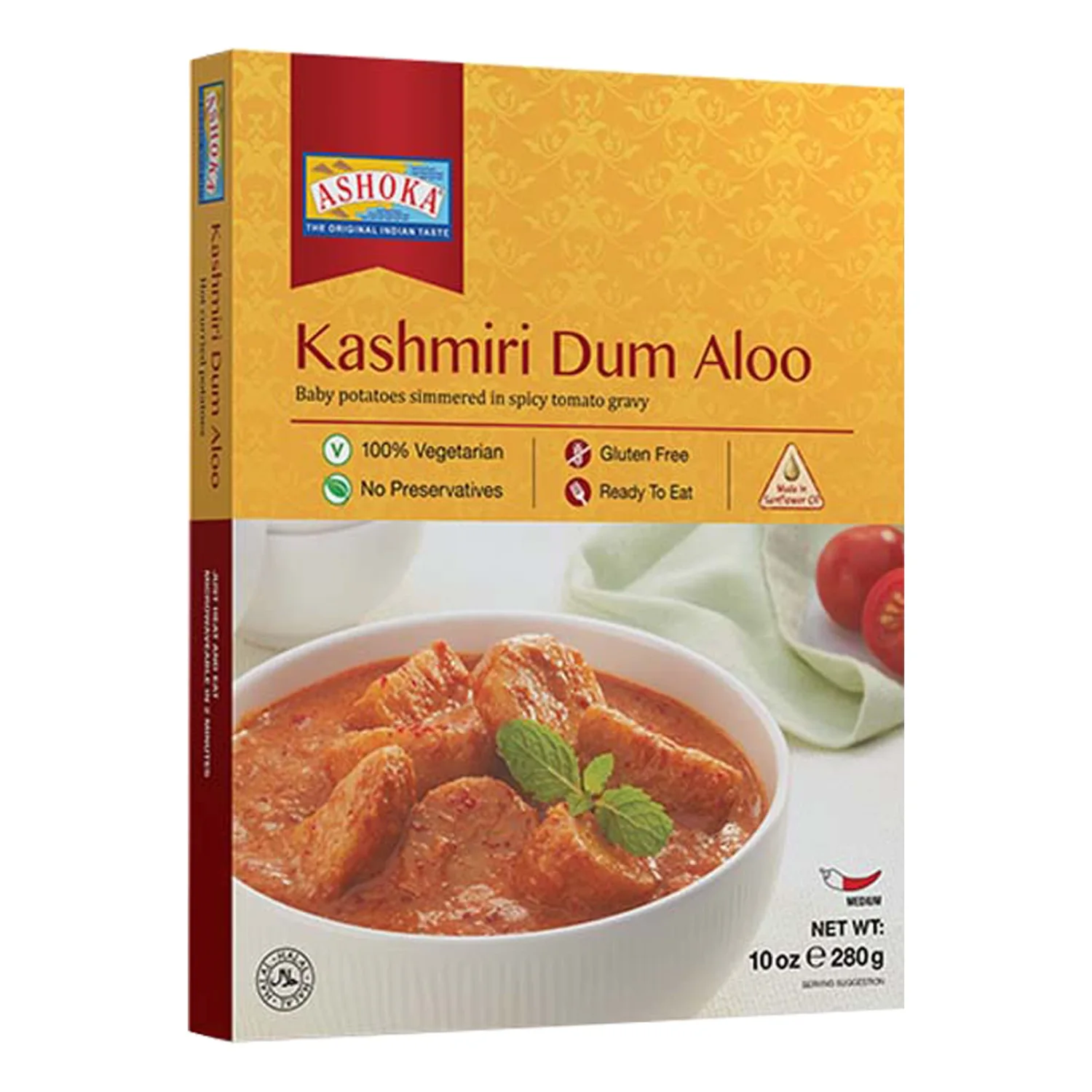 Ashoka Meals 1932, Vegetarian Kashmiri Styled Potatoes, All-Natural, Ready to Eat Microwavable Meals, Kashmiri Dum Aloo, Kosher Certified, Great for Camping, Gluten-Free, No Preservatives, Pack of 1