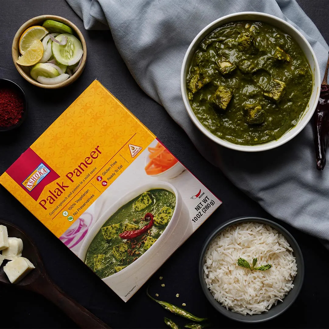 Ashoka Ready to Heat Meals 1932, Vegetarian Spinach Cheese Curry, Kosher Certified, All-Natural Portable Meals, Authentic Palak Paneer, Great for Picnics, No Preservatives, Pack of 1