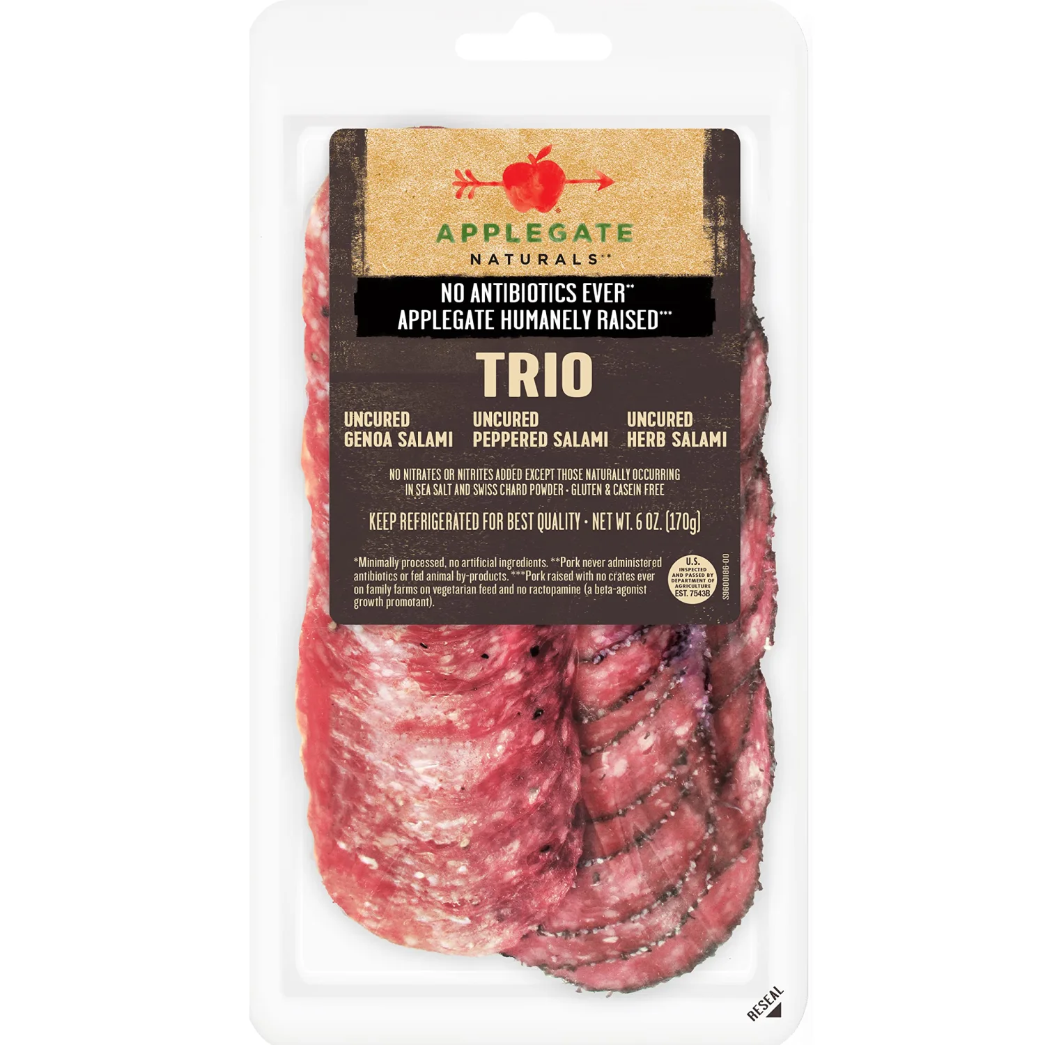 Applegate, Natural Uncured Genoa Salami Trio Sliced, 6oz