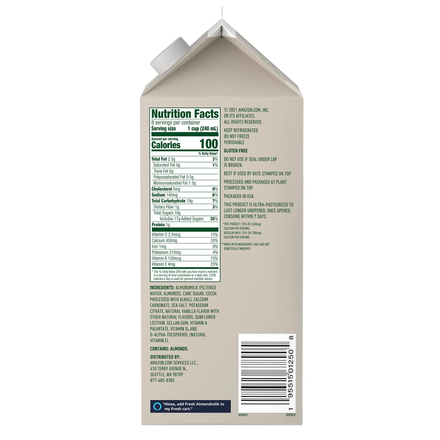 Amazon Fresh Brand, Chocolate Almondmilk, 64 Fl Oz (Previously Happy Belly)