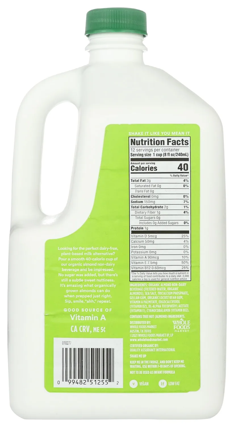 365 By Whole Foods Market, Milk Almond Unsweetened Organic, 96 Fl Oz