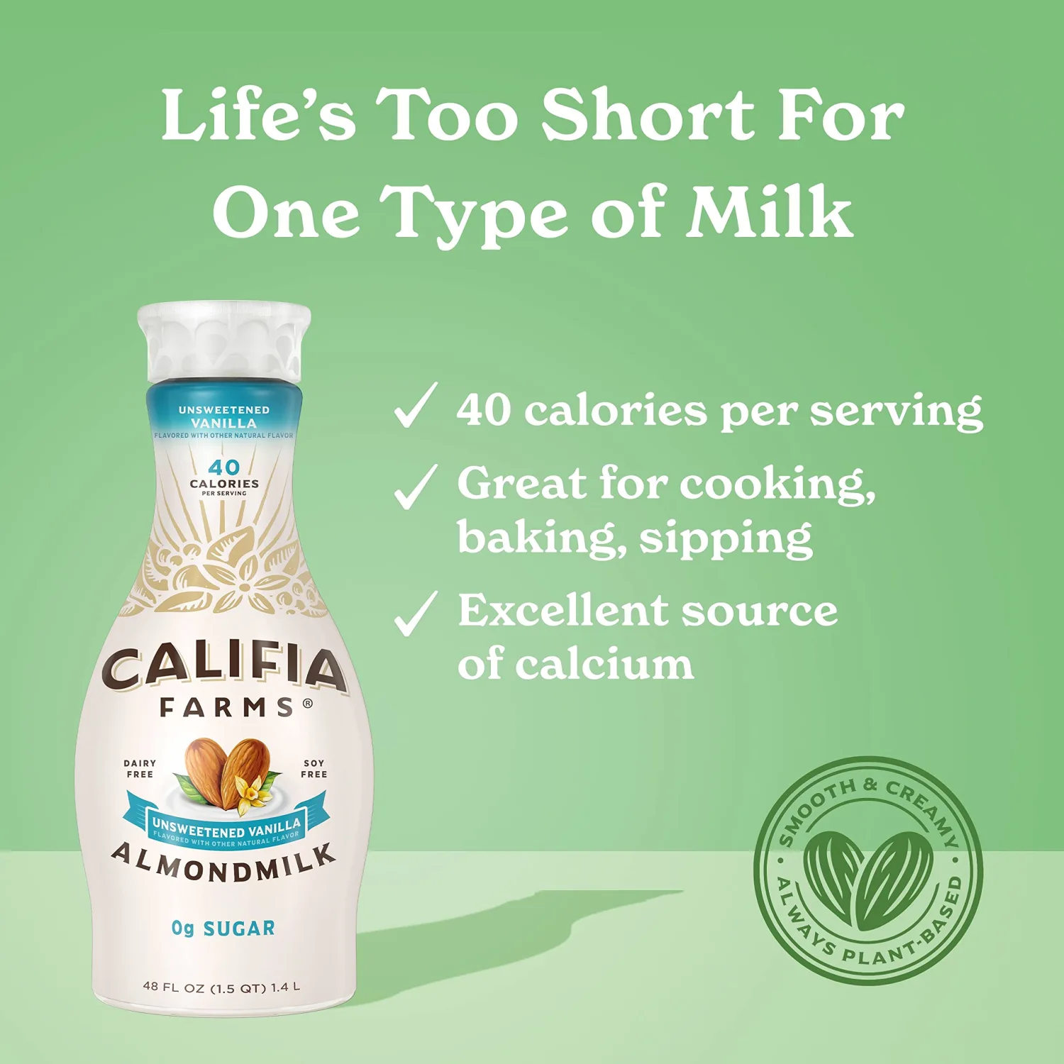 Califia Farms - Unsweetened Vanilla Almond Milk, 48 Oz, Dairy Free, Vegan, Plant Based, Keto, Gluten Free, Non GMO, Sugar Free, High Calcium, Smoothie