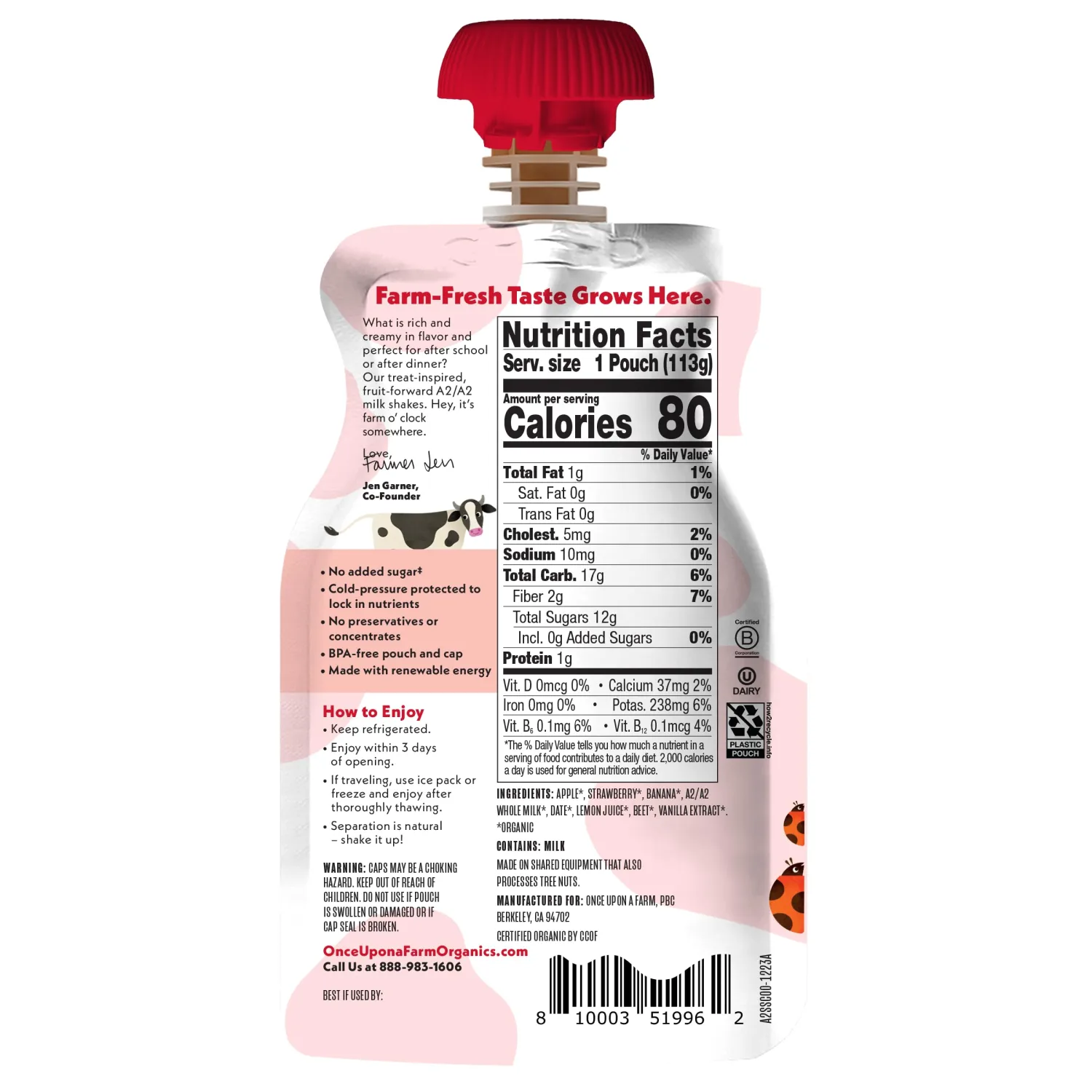 Once Upon a Farm A2/A2 Whole Milk Shake, Strawberry Creme Kids' Pouch, 4oz