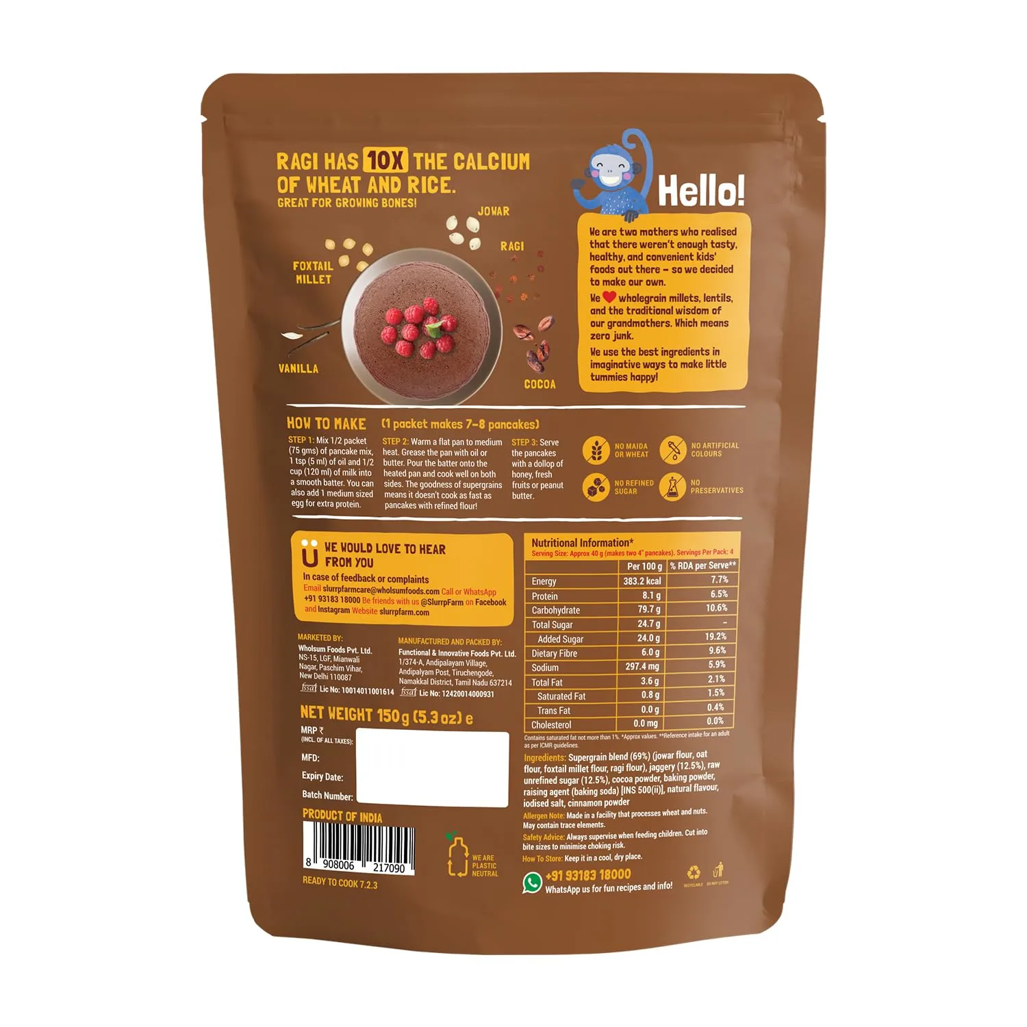 Slurrp Farm Instant No Maida Millet Pancake Mix | Chocolate, 150 G